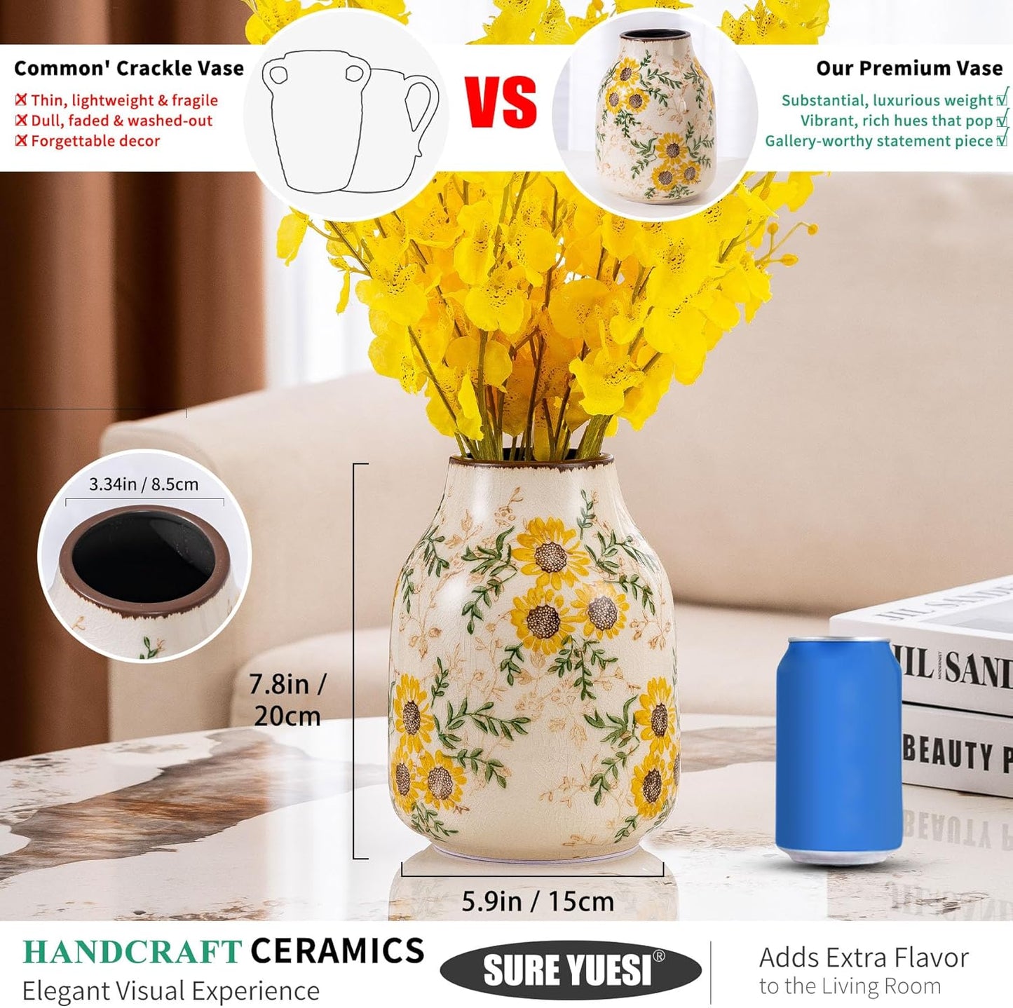 Sunflower Vintage Ceramic Yellow Floral Vase, Beige and Green Chinoiserie Home Decor for Fireplace Mantle, Table Centerpieces, Kitchen Counter, Tuscan, Cute Flower Vase for Living Room Office 7.8 Inch