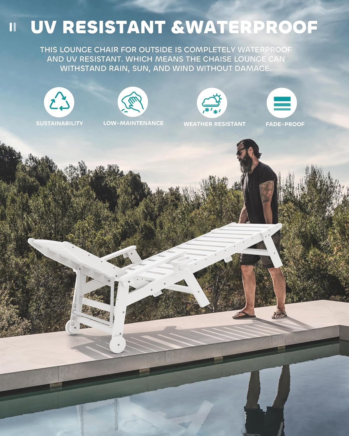 SERWALL Patio Chaise Lounge Chair Set of 2, 78'' Long 5-Positions Adjustable HDPE Outdoor Lounge Chair for Pool, Poly Lounge Chair with Rolling Wheels & Cup Holder for Poolside, Deck, White
