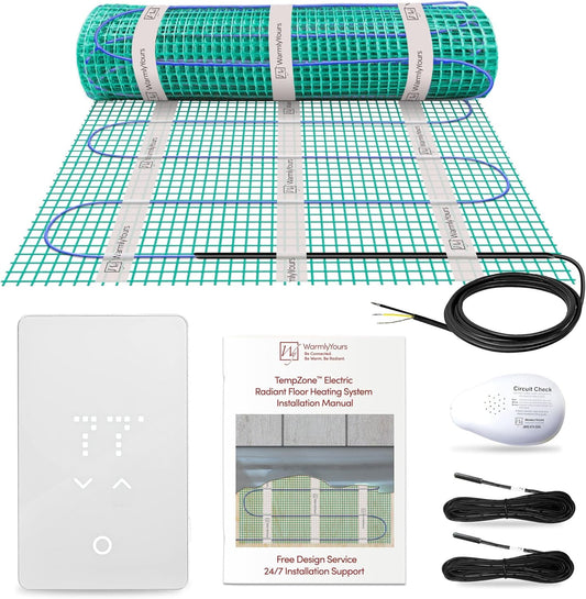156 Sqft Heated Floor Mat Kit with Radiant Floor Heating System Thermostat UTN5, Two Sensors, Tester, 240V Electric Radiant Floor Heating Mat installs under Bathroom Tile, Vinyl - WarmlyYours TempZone