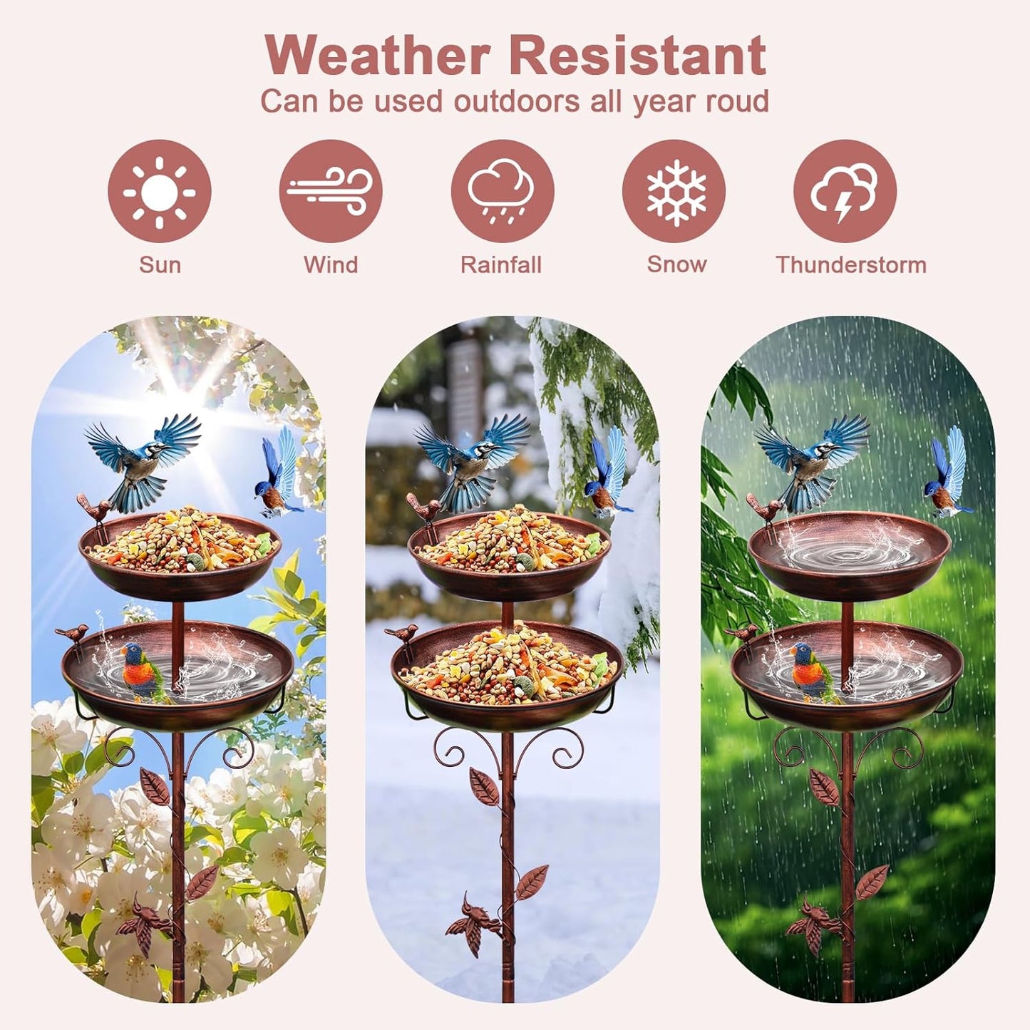 Metal Bird Bath for Outside, 2-in-1 Birdfeeder and Bath, 42 Inch Tall Stand with Hummingbird, Large 12Inch & Small 7.9Inch Bird Bath Bowl, 3 Bird Decor for Garden, Antique Bronze