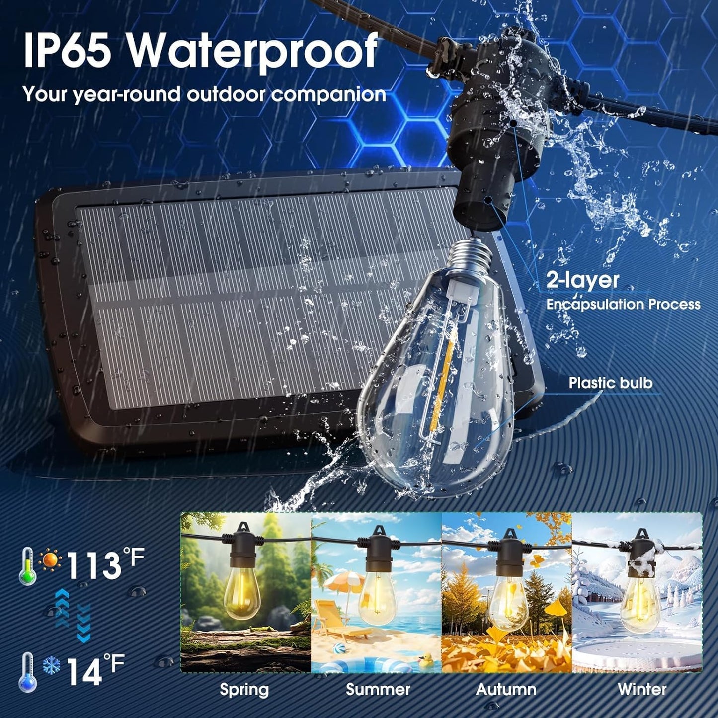 KYY 33(27+6) FT Solar String Lights Outdoor with Remote, Waterproof and Shatterproof Solar Patio with LED Vintage Plastic Edison Bulbs, Heavy-Duty and UL Listed Porch Market Lights