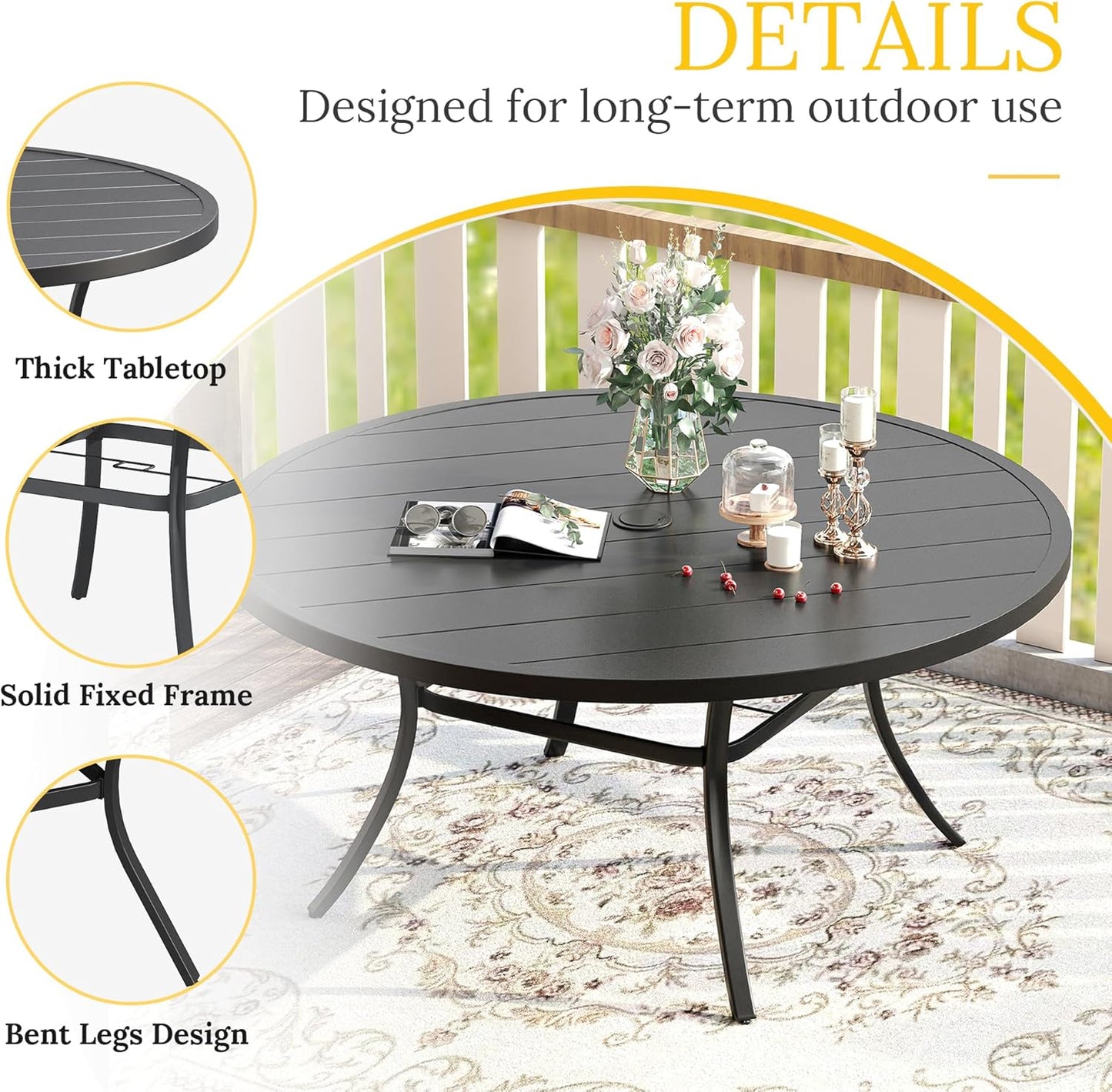 VICLLAX 60" Outdoor Round Patio Table for Lawn Garden, All Weather Metal Round Patio Dining Table with Adjustable Umbrella Hole, Outdoor Table for 8-10 Person, Black Tabletop