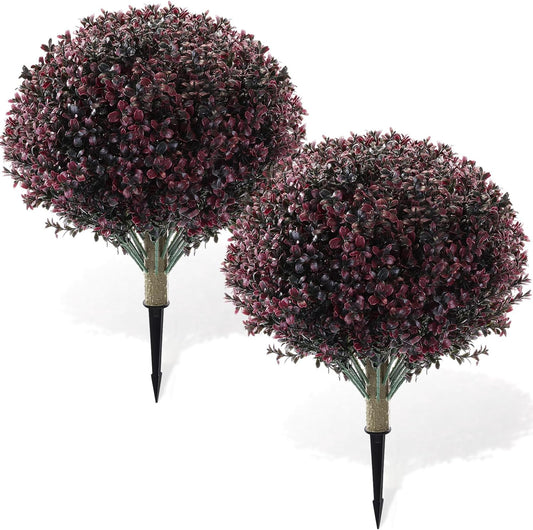 Yunlly 2 Pack 18" Artificial Boxwood Ball Bush Topiary Trees Fake Outdoor Plants, Realistic UV Resistance Faux Shrubs with Spike Greenery Topiary for Front Porch Garden Yard Patio Indoor (Dark Purple)