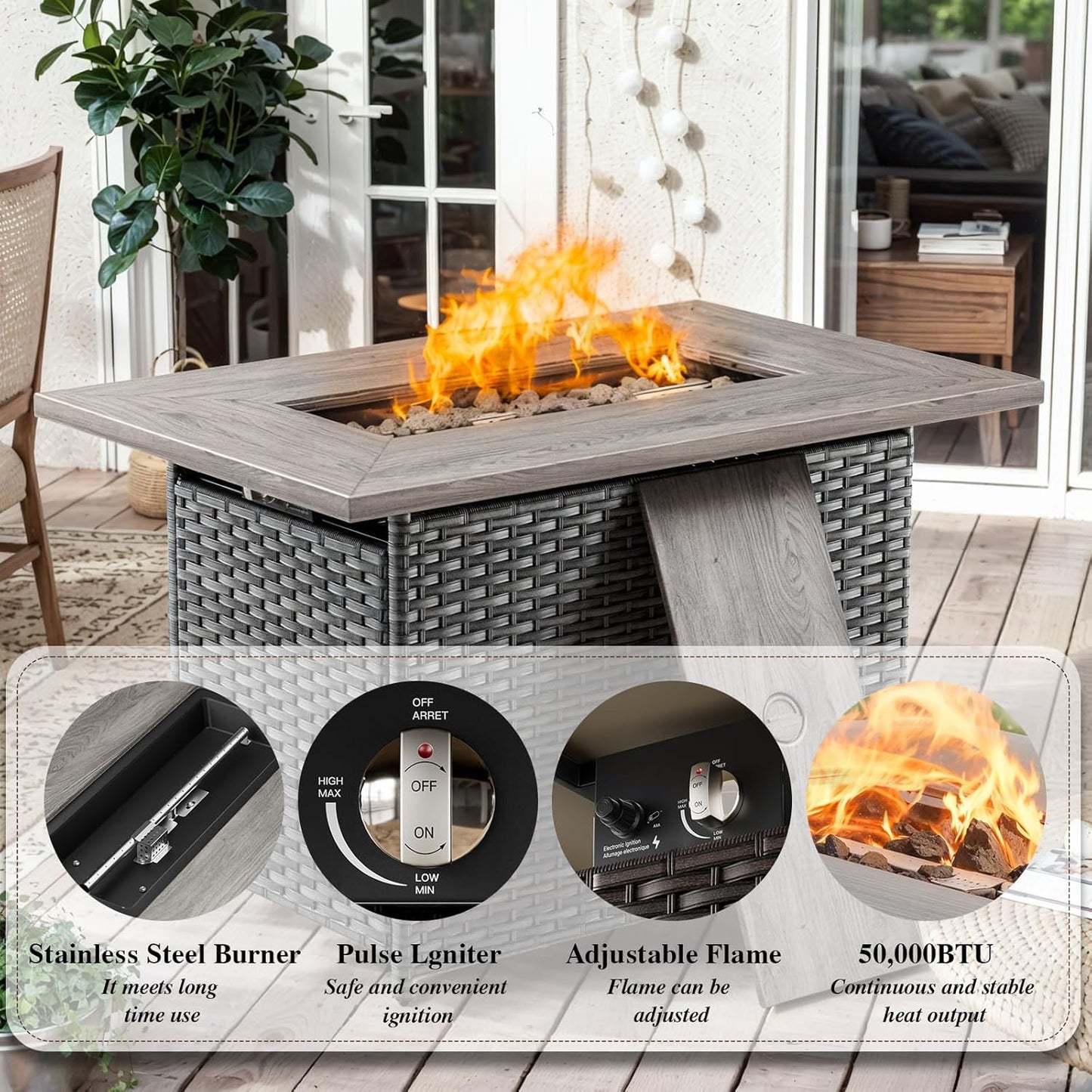 HUMMUH 7 Piece Patio Furniture Set with Fire Pit Table 41in 55,000 BTU,Wicker Outdoor Conversation Sets - Outdoor Swivel Rocker Chairs Patio Sofa for Porch,Garden,Backyard