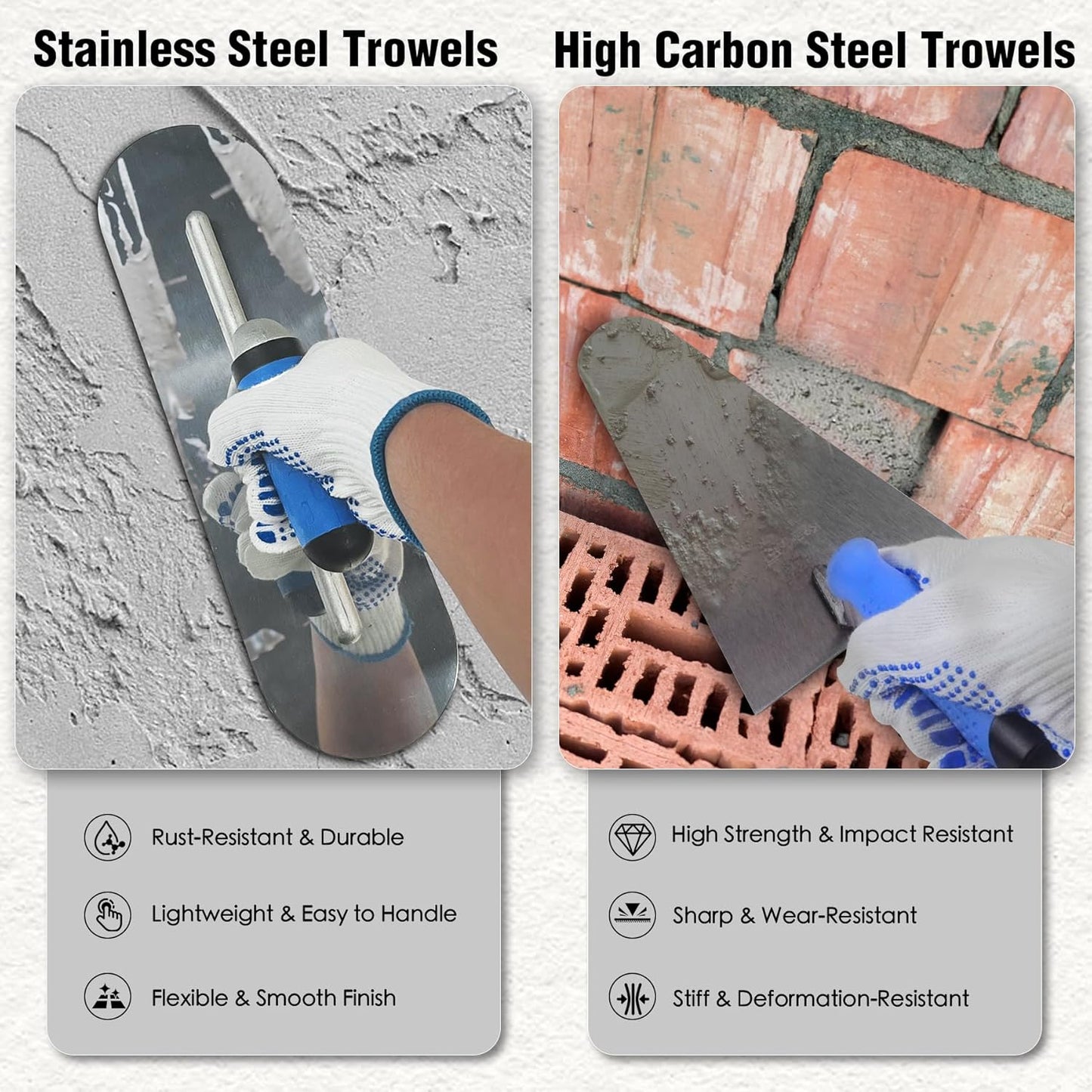 10PCS Concrete Trowel Set, Masonry Hand Tool Set Includes Large Flat Finishing and Pool Trowel, Wood Float, Concrete Edger and Groover, Margin Gauging, Wire Twister, Gloves & Carry Bag