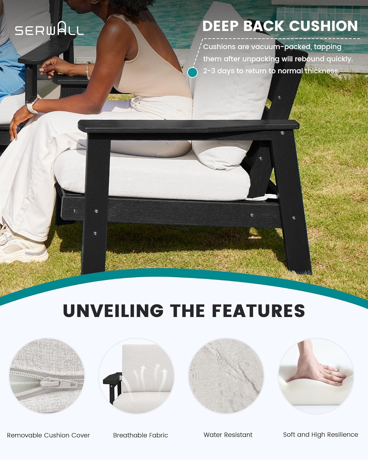 SERWALL HDPE Outdoor Couch, Black Frame and Khaki Cushion