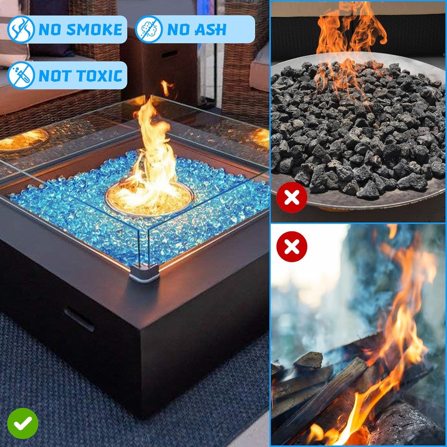 Fire Glass for Propane Firepit, Fireplace and Outdoor Decorative, Caribbean Blue Fire Pit Rocks 10LB, 1 Inch Diamond High Luster Glass Beads