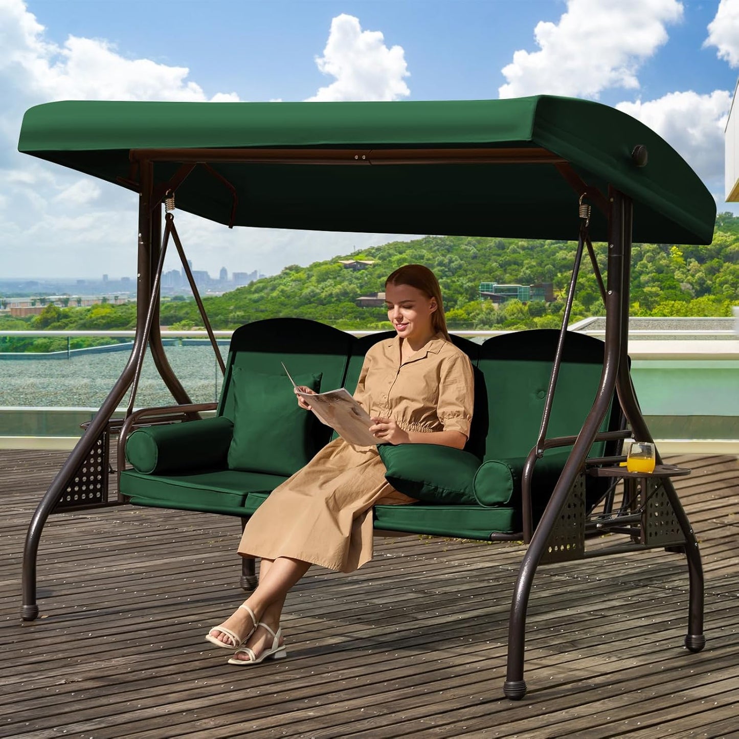 3 in 1 Patio Swing with Adjustable Canopy for Adults, 3 Seat Outdoor Swing with Thickened Cushions,Pillows & Cup Holders for Backyard, Porch, Garden (Green)