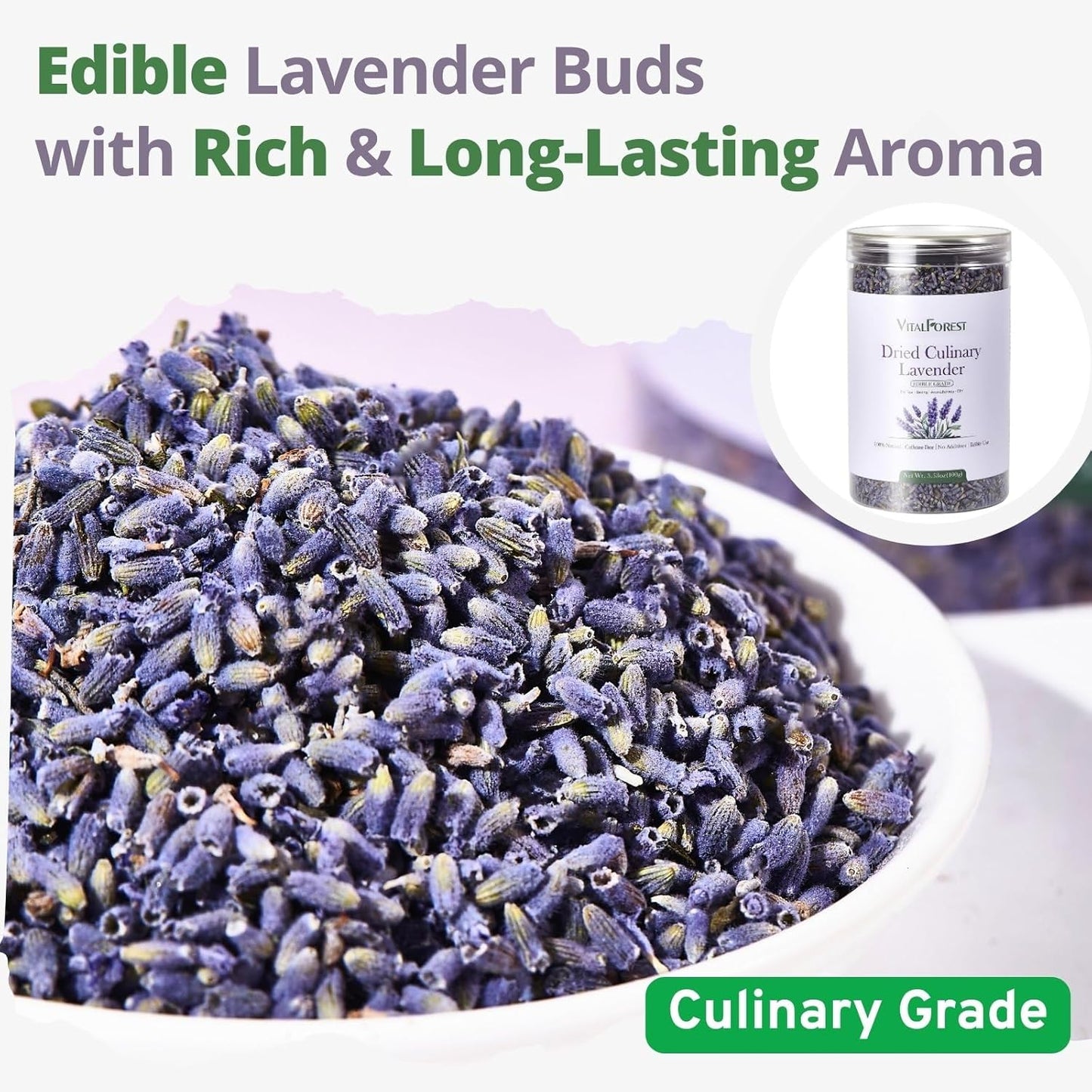 Dried Culinary Lavender – 100% Natural Food Grade Lavender Buds Herbs Tea, 3.53oz (100g), Edible Lavenders Flowers for Drinks, Baking, Cooking, Tea, Bath Soak, DIY Skincare & Crafts