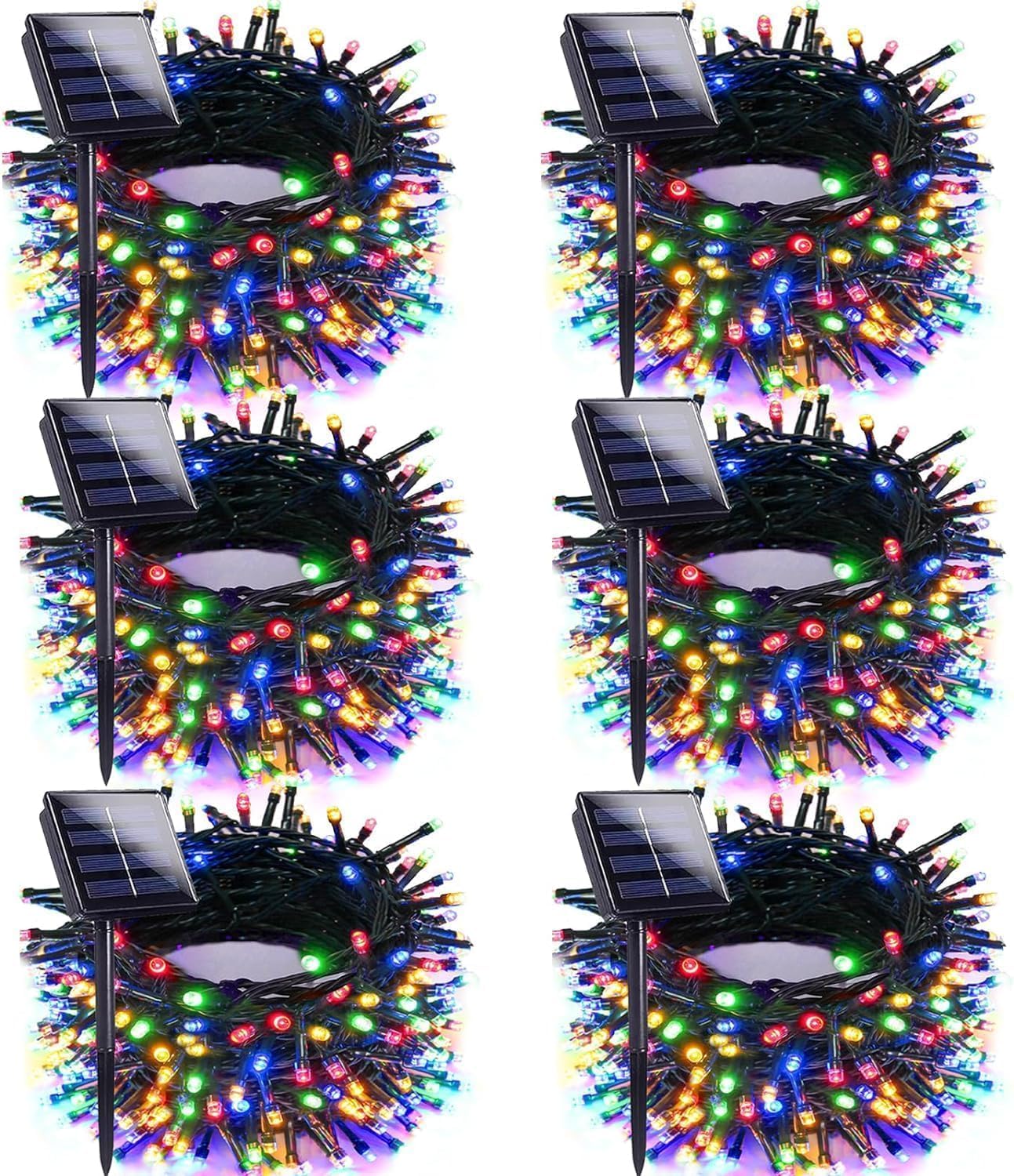 Multicolor Solar Christmas Lights Outdoor Decorations Waterproof, Tatal 6 Pack 600LED 198FT Solar String Lights Green Wire with 8 Modes, Christmas Fairy Light for Xmas Tree Party Wedding Garden Decor