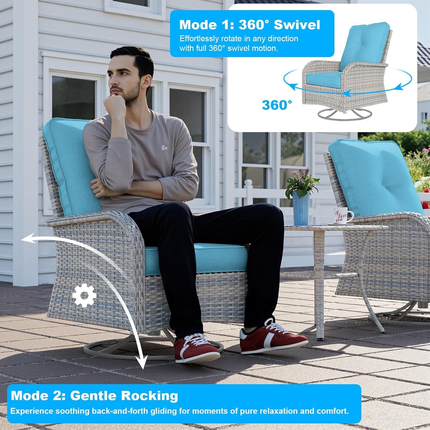 11-Piece Patio Furniture Set, Outdoor Patio Furniture with 55,000 BTU Fire Pit Table, Swivel Chairs Set, Thick Cushions, Modular Patio Sofa, Dual-Strand Wicker Rattan, Rust-Resistant Frame, Lake Blue
