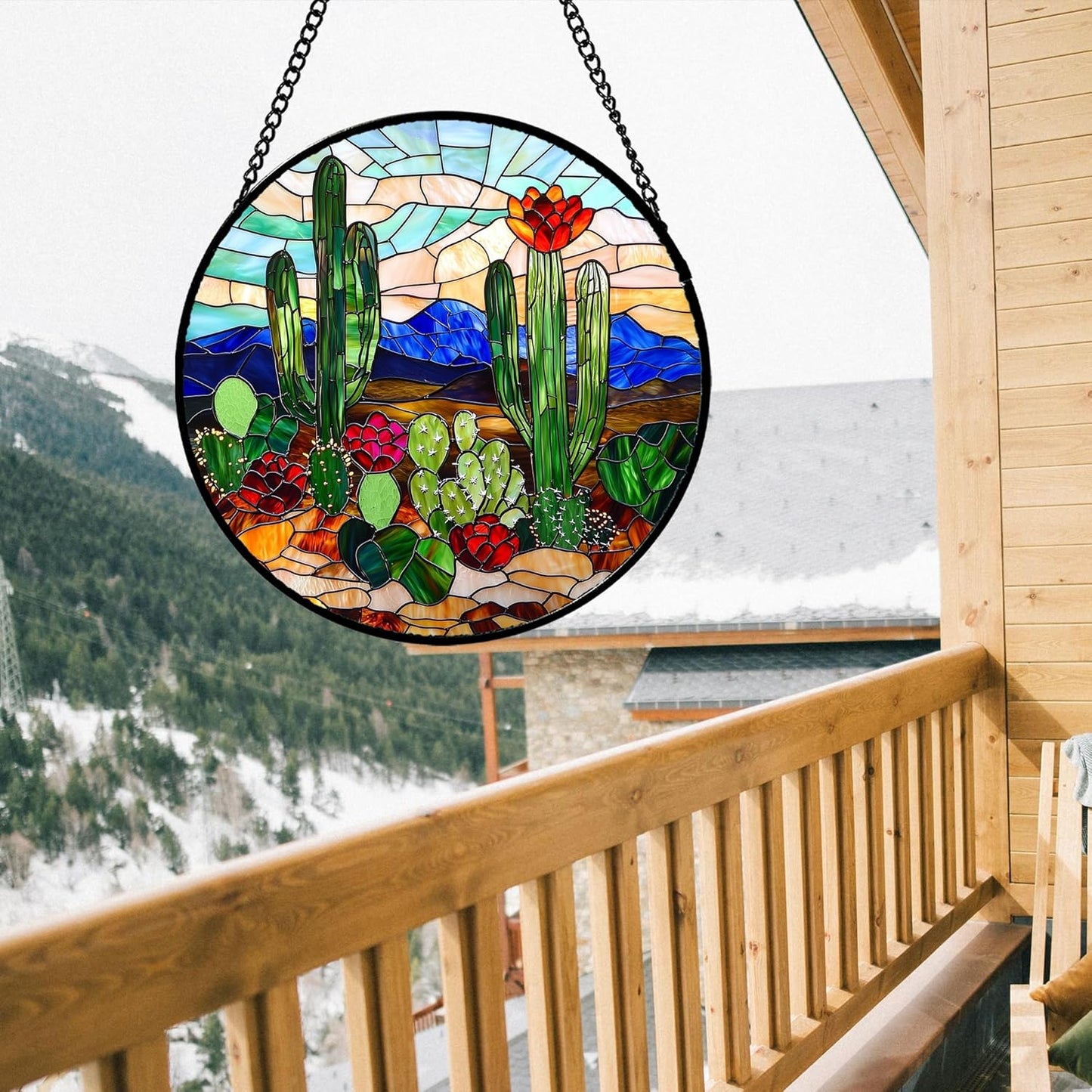 Stained Glass Window Hanging, Green Cactus Suncatcher for Doors Window Home Plant Landscape Sun Catchers Decoration Mother's Day Birthday Gifts for Women, Men, and Mom 6.3 in