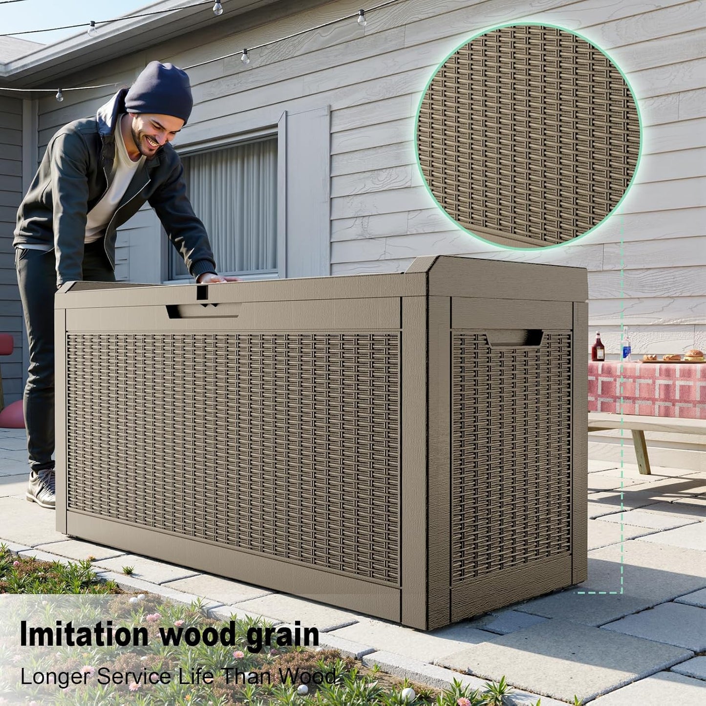 DRATO 60 Gallon Deck Box, Waterproof Resin Large Outdoor Storgae Box for Patio Furniture, Patio Cushions, Gardening Tools, Pool and Sports Supplies, Lockable