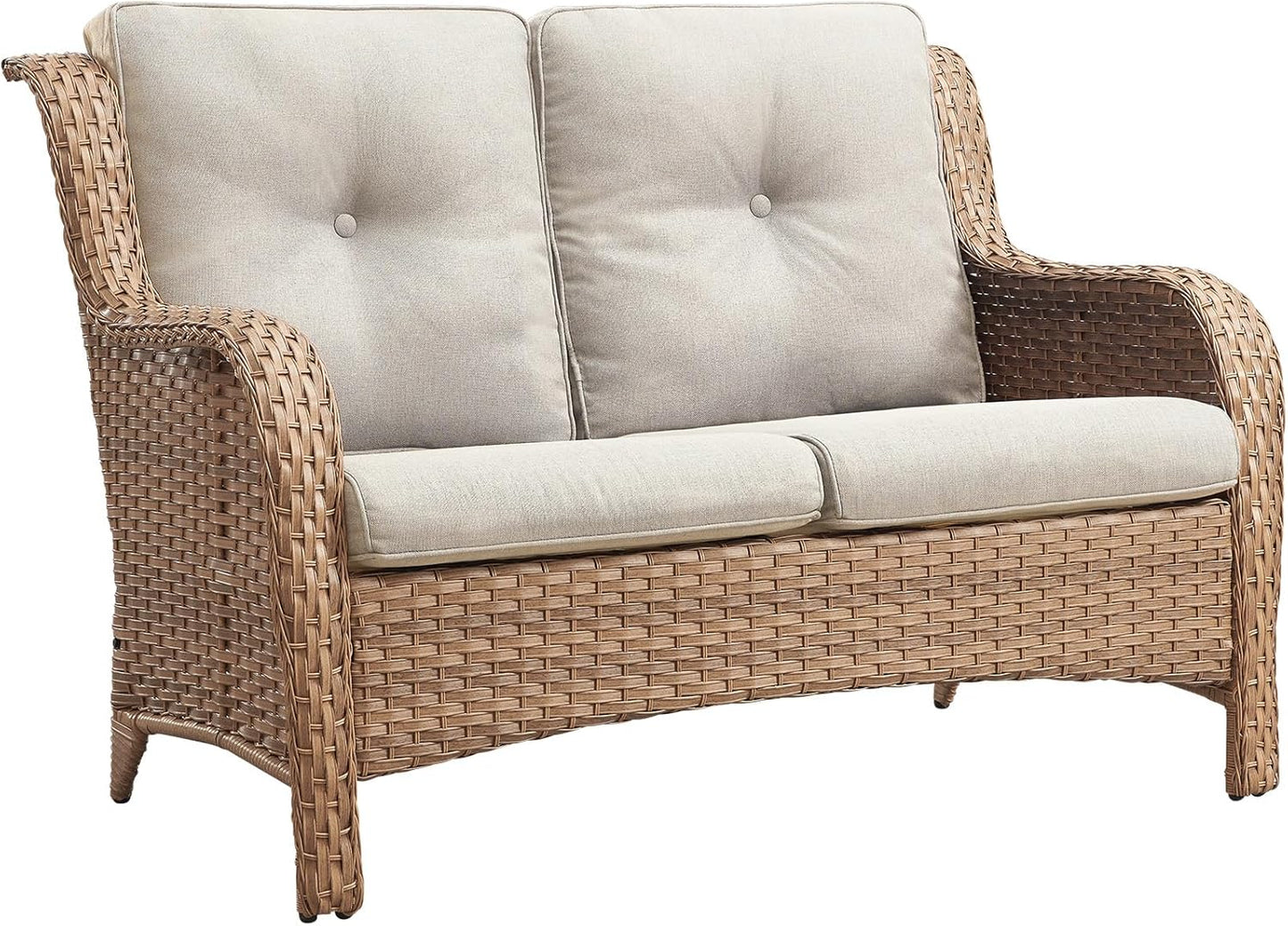 Outdoor Loveseat Patio Couch - 500 Lbs Weight Capacity Wicker Loveseat with High Backrest Wide Armrest, Small Patio Furniture Rattan 2 Seater Sofa for Balcony Deck Proch Poolside Yellow