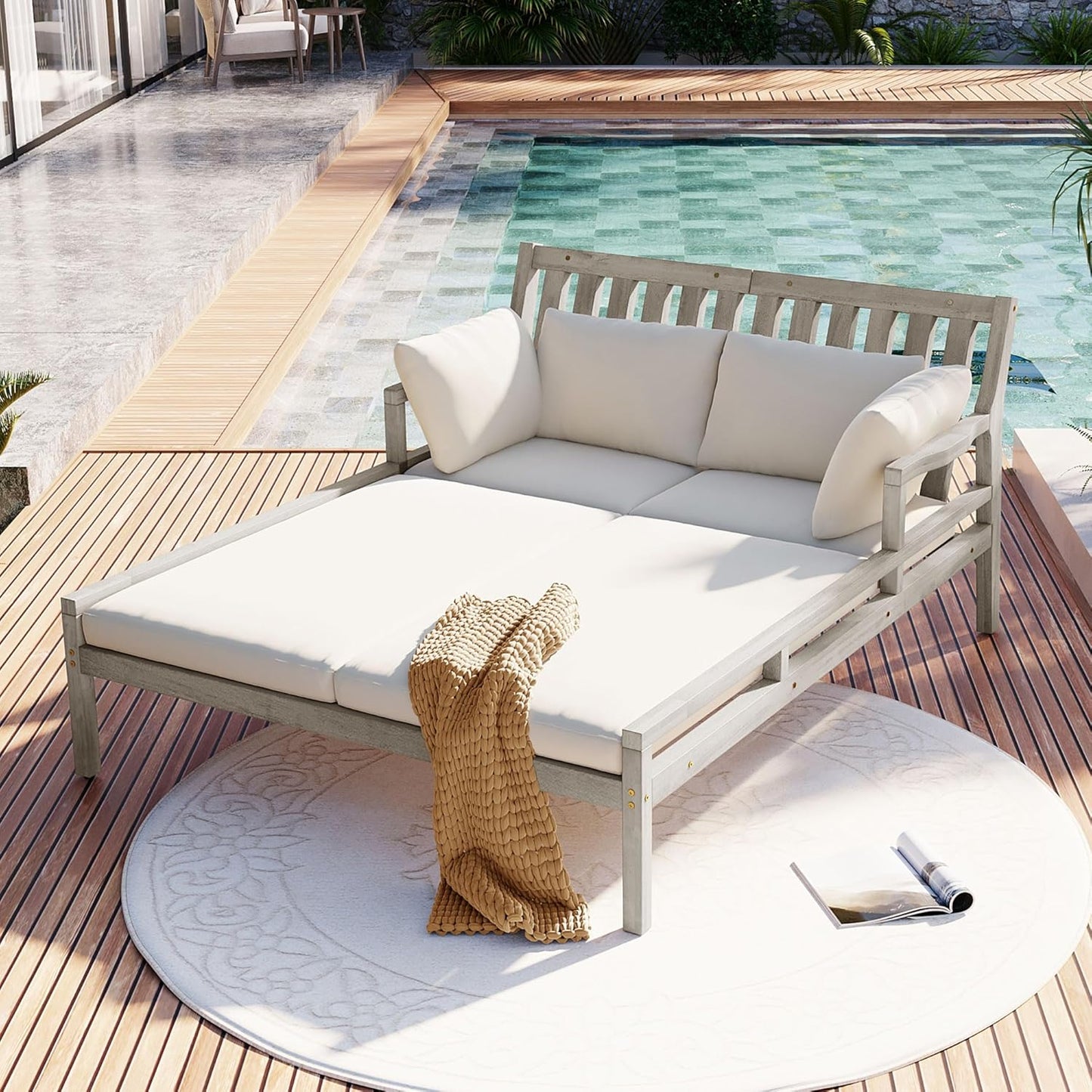 Merax Outdoor Daybed, 3 Seater Acacia Wood Daybed, Patio Day Bed with Four Pillows, Wooden Outdoor Bed with Curved Armrests for Poolside, Backyard, Garden, Gray