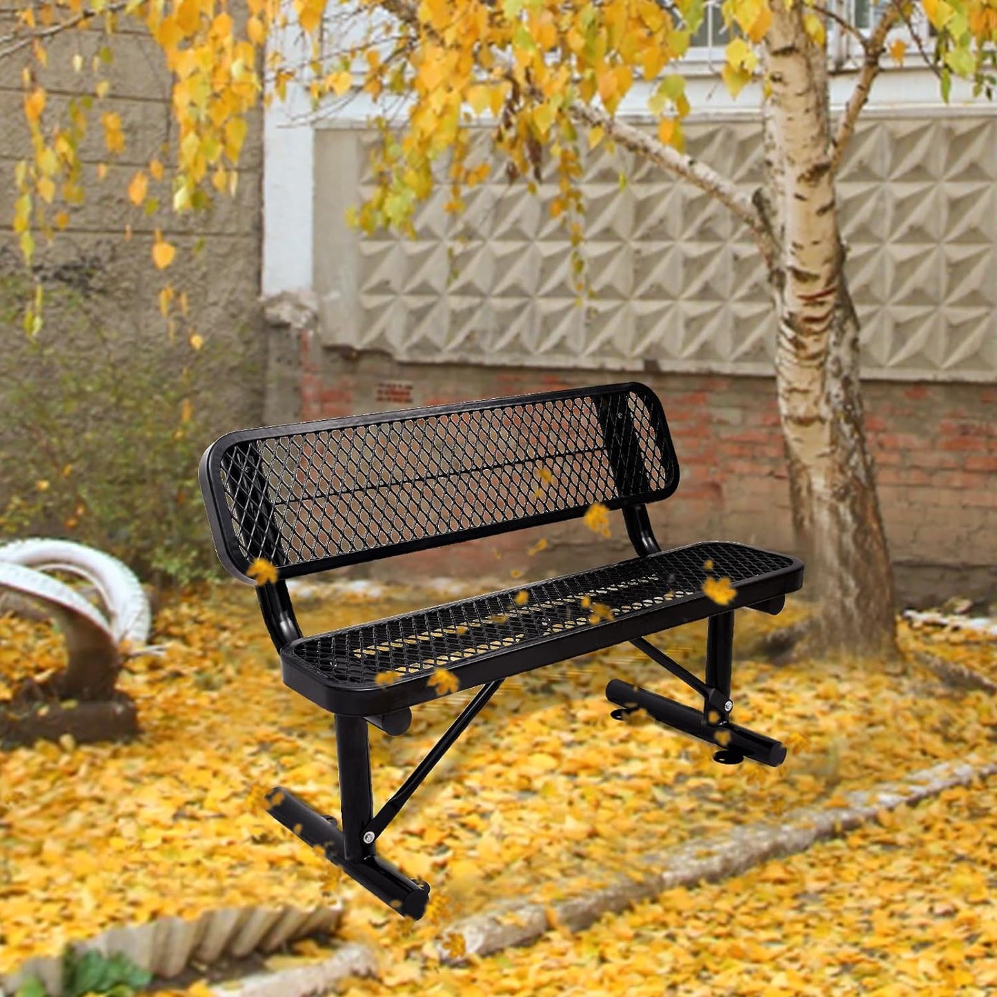 4 Feet Heavy Duty Park Bench with Back Portable Frame, Outdoor Steel Bench with Backrest, Expanded Metal Mesh Bench for Lawn, Park, Deck, Garden, Patio, Porch, Black