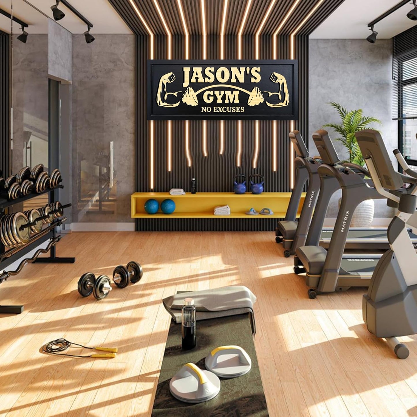 Personalized Wooden Gym Sign Custom Engraved Name Plaque Rustic Wall Decor for Home Gym Fitness Studio with Multiple Sizes and Colors