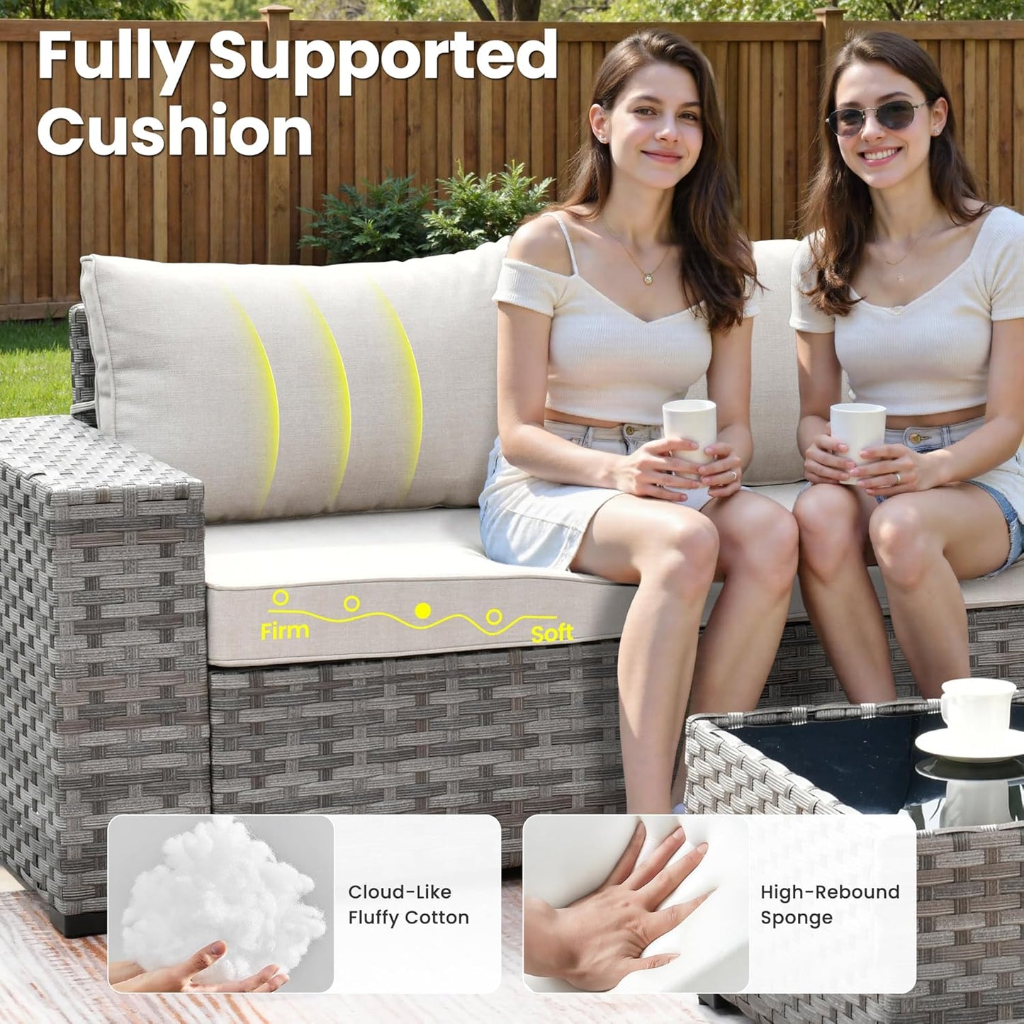 ovios 7 Pieces Patio Furniture Set, Outdoor Wicker Sectional Sofa with 42 Inch Fire Pit Table Comfy Cushions, Modern Modular Deep Seat Rattan Couch Conversation Set, Beige