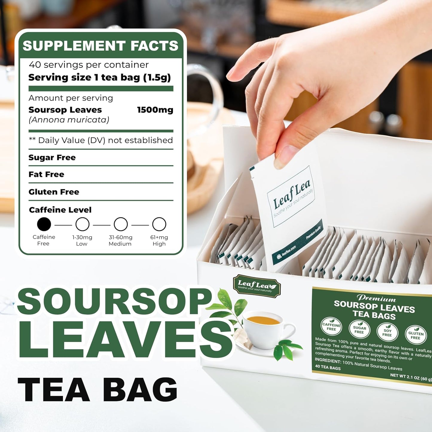 LeafLea 120 Soursop Tea Bags, from 100% Natural Pure Soursop Graviola Leaves, Improve Digestion, Support Healthy Skin & Sleep, Herbal Tea Caffeine-free, Hojas De Guanabana Tea, Non-GMO, Pack of 3