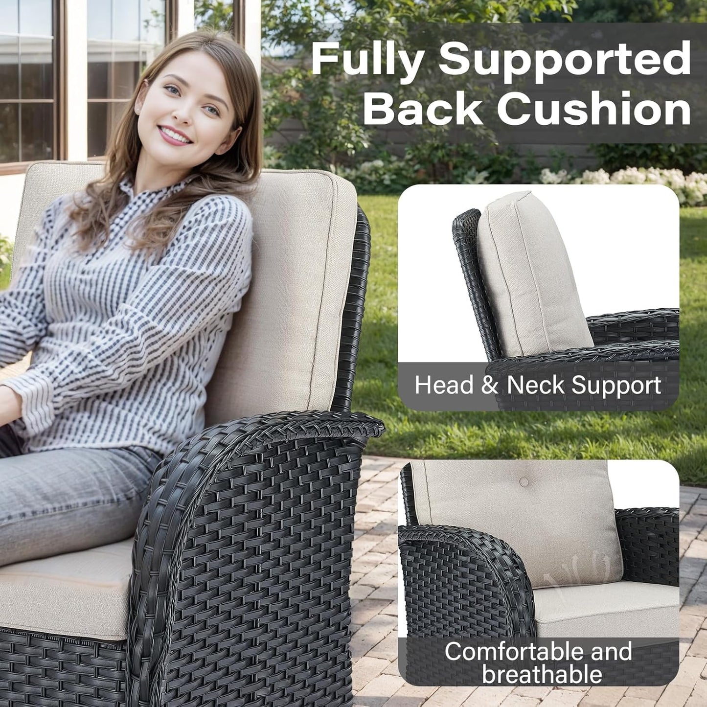 8 Piece Patio Furniture Set with 50000 BTU Propane Fire Pit Table, Outdoor Conversation Set with 2 Swivel Rocker Chairs Wicker Sofa and Ottomans for Casual Gatherings Black