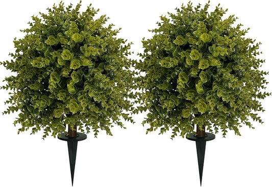 ICX 2 Set 25" Artificial Eucalyptus Topiary Ball Trees with Ground Spike,Artificial Plants Outdoor,Fake Bushes & Shrubs for Porch, Garden, Front Porch Decor - Indoor/Outdoor Faux Plants
