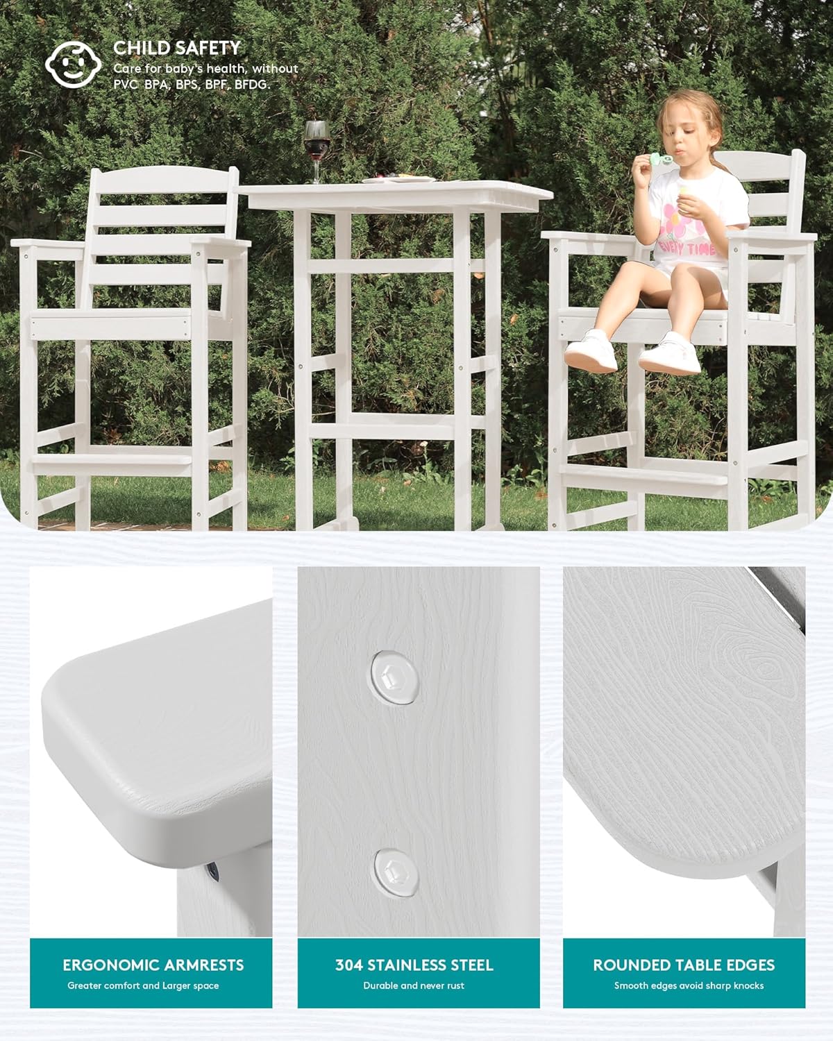 SERWALL 4 Pieces Outdoor Patio Bar Set with 9ft Umbrella, Outdoor HDPE Barstool and Table Furniture Set with Patio Umbrella, White