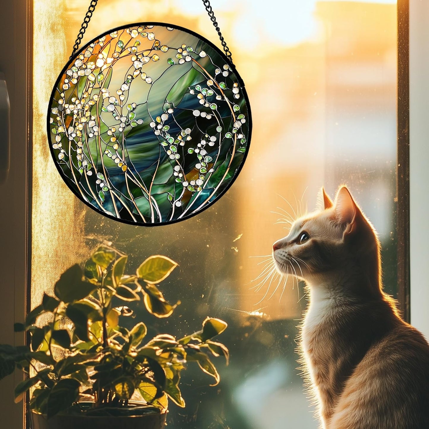 Stained Glass Suncatcher, Yellow Green Gradient Flower Sun Catcher Plants Stain Glass Window Hanging Decoration Mother's Day Birthday Gifts for Women Men Mom and Nana 6.3 in