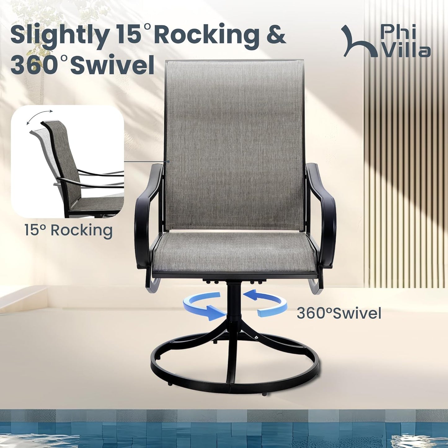 PHI VILLA 7 PCS Patio Dining Set, Rectangle Metal Table with 1.57" Umbrella Hole and 6 High Back Textilene Swivel Chairs, Suitable for All Weather