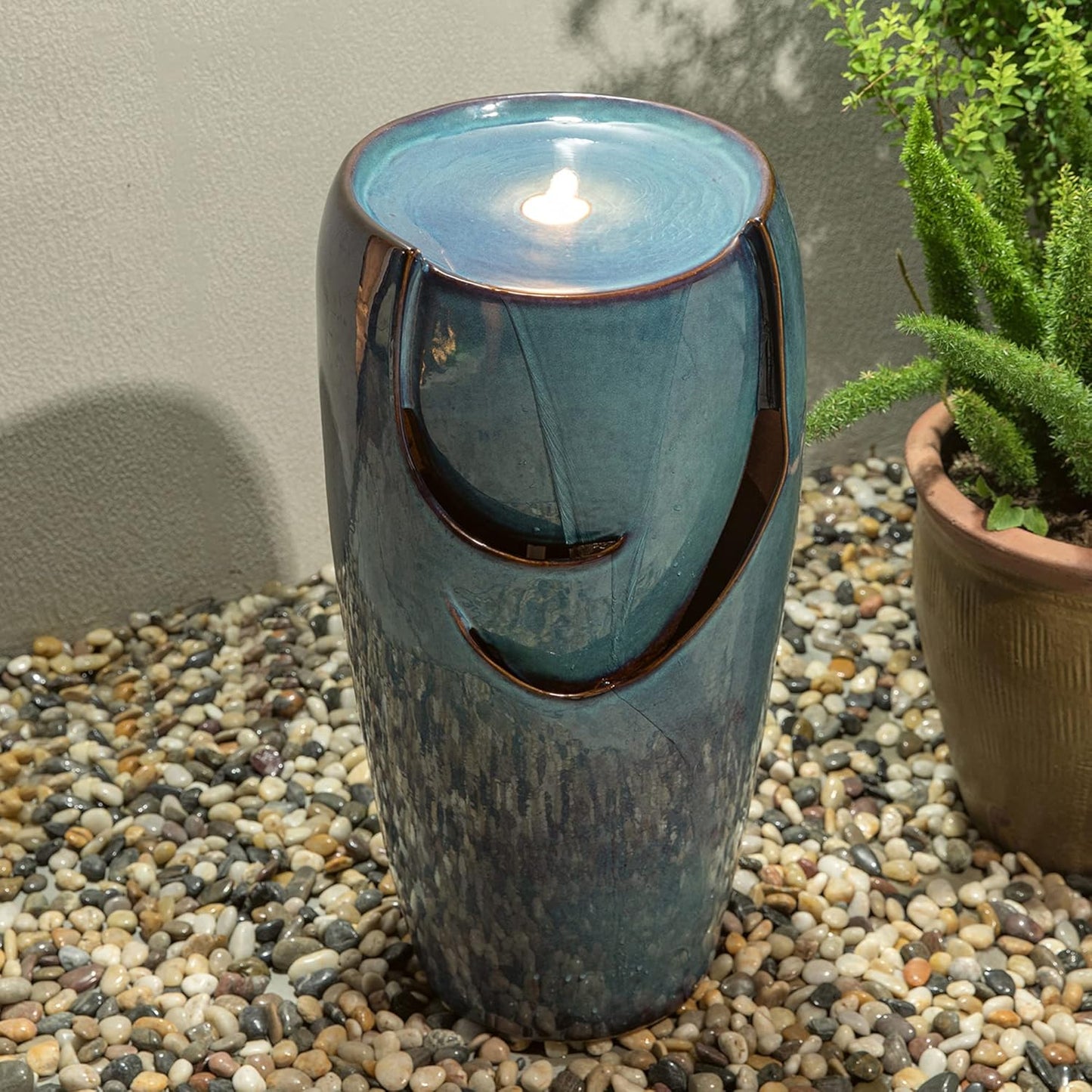 Glitzhome 29.25" H Oversized Ceramic Vase Outdoor Water Fountain Tall Patio Garden Water Fountain with LED Light and Submersible Pump Yard Art Decor, Turquoise