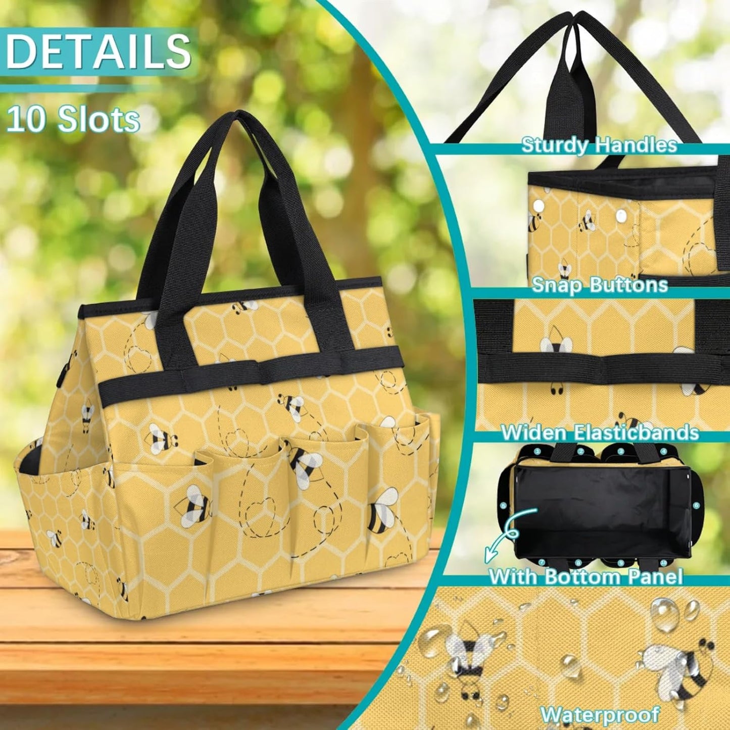 Yellow Bee Gardening Tool Bag,Heavy Duty Garden Tote Bag,Portable Oxford Gardening Storage Basket Organizer Handbag with Pockets Handle,Hand Tools Gifts for Outdoor Garden Lawn Yard