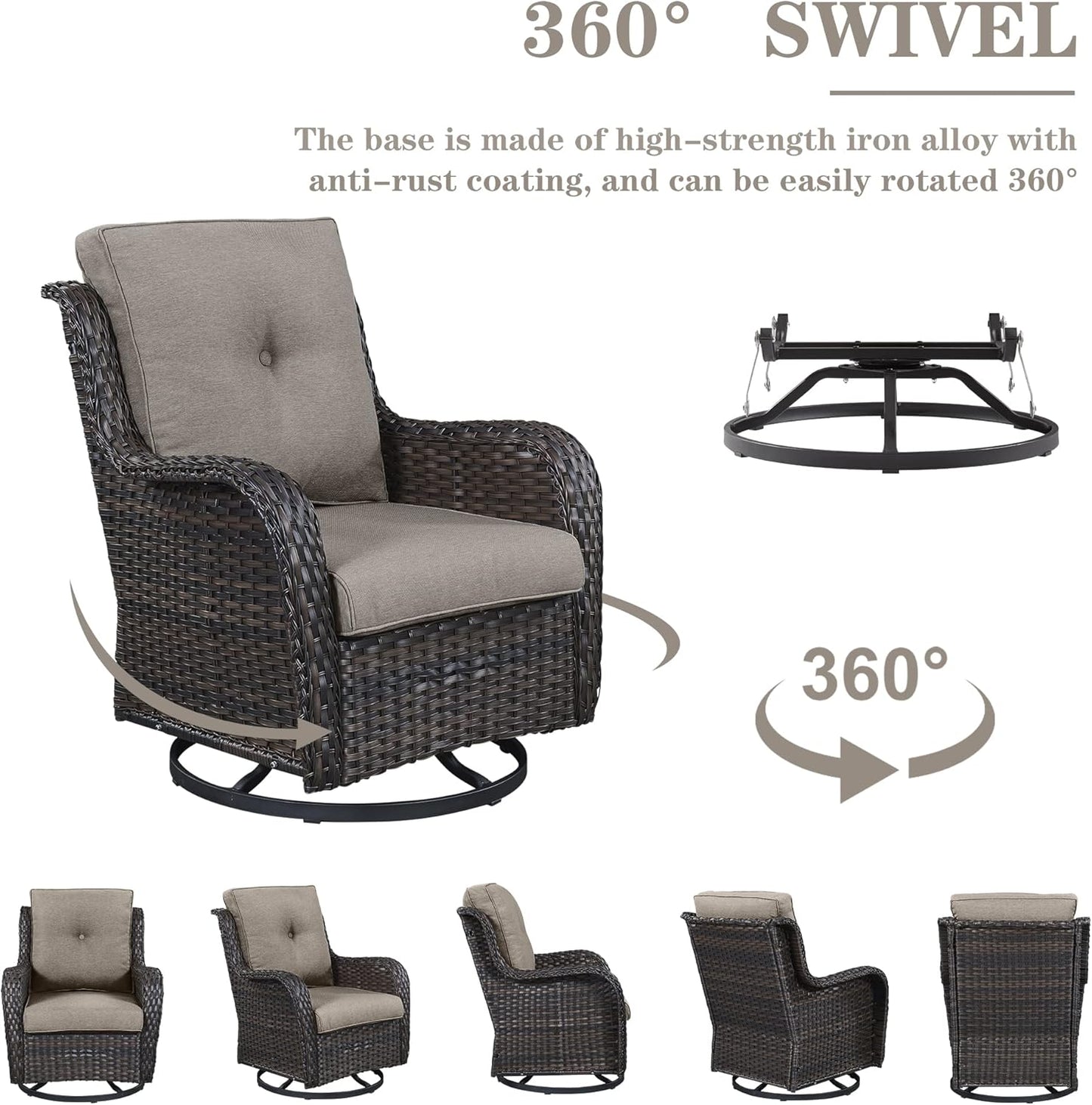 Outdoor Patio Furniture Set with 50000BTU Propane Fire Pit Table, 4 Pieces Wicker Patio Conversation Set with 2 Swivel Rocker Glider Chairs Rattan Sofa Blue Cushion Perfect for Casual Gathering