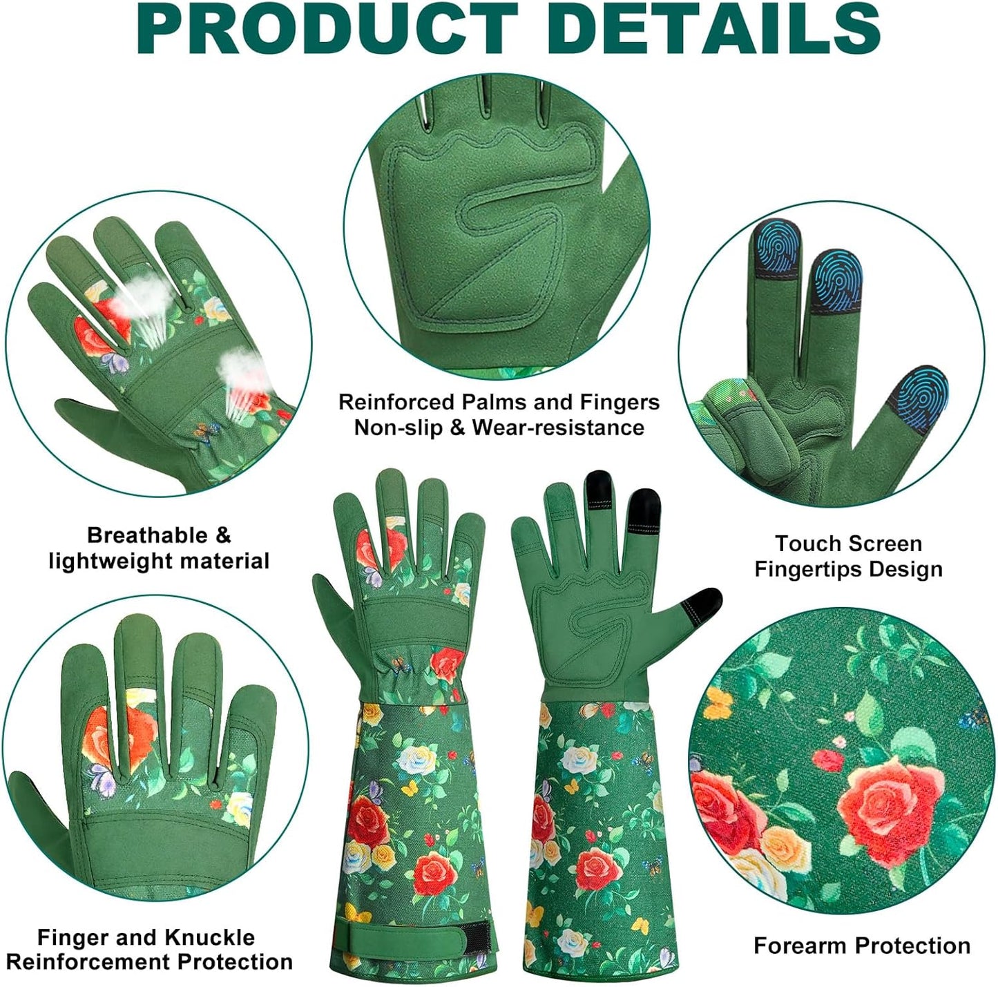DLY Gardening Gloves,Leather Rose Gloves,Women's Long Gardening Glove for Work and Yard Work,Durable and Comfortable(Medium, Green