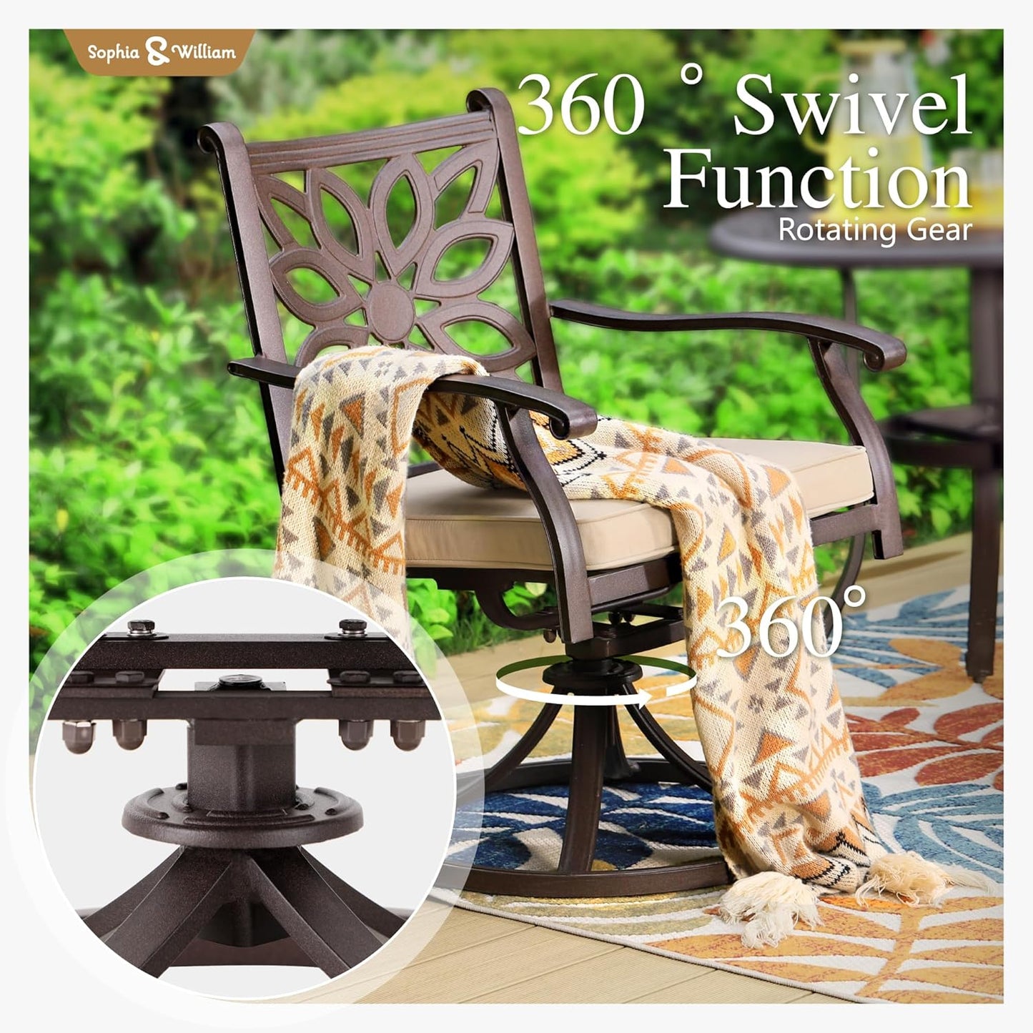 Sophia & William 7 Pieces Cast Aluminium Patio Dining Furniture Set for 6, Outdoor Swivel Rocking Chairs and Round Table with 2.2" Umbrella Hole for Porch Backyard Deck, Bronze
