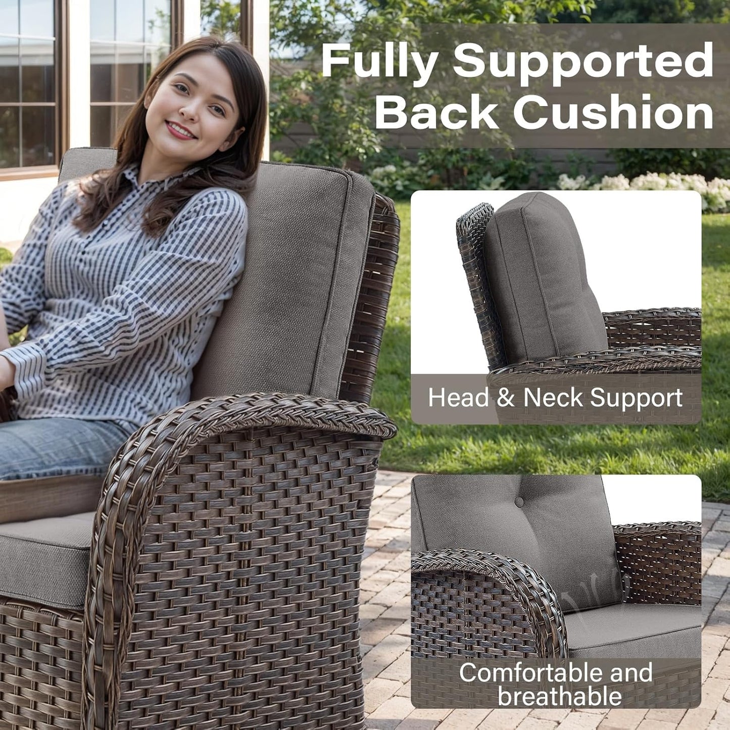 7 Piece Outdoor Patio Wicker Furniture Sets with Swivel Rocker Chairs, Rattan Loveseat Conversation Sets for Patio Deck Backyard Poolside, Grey Cushion