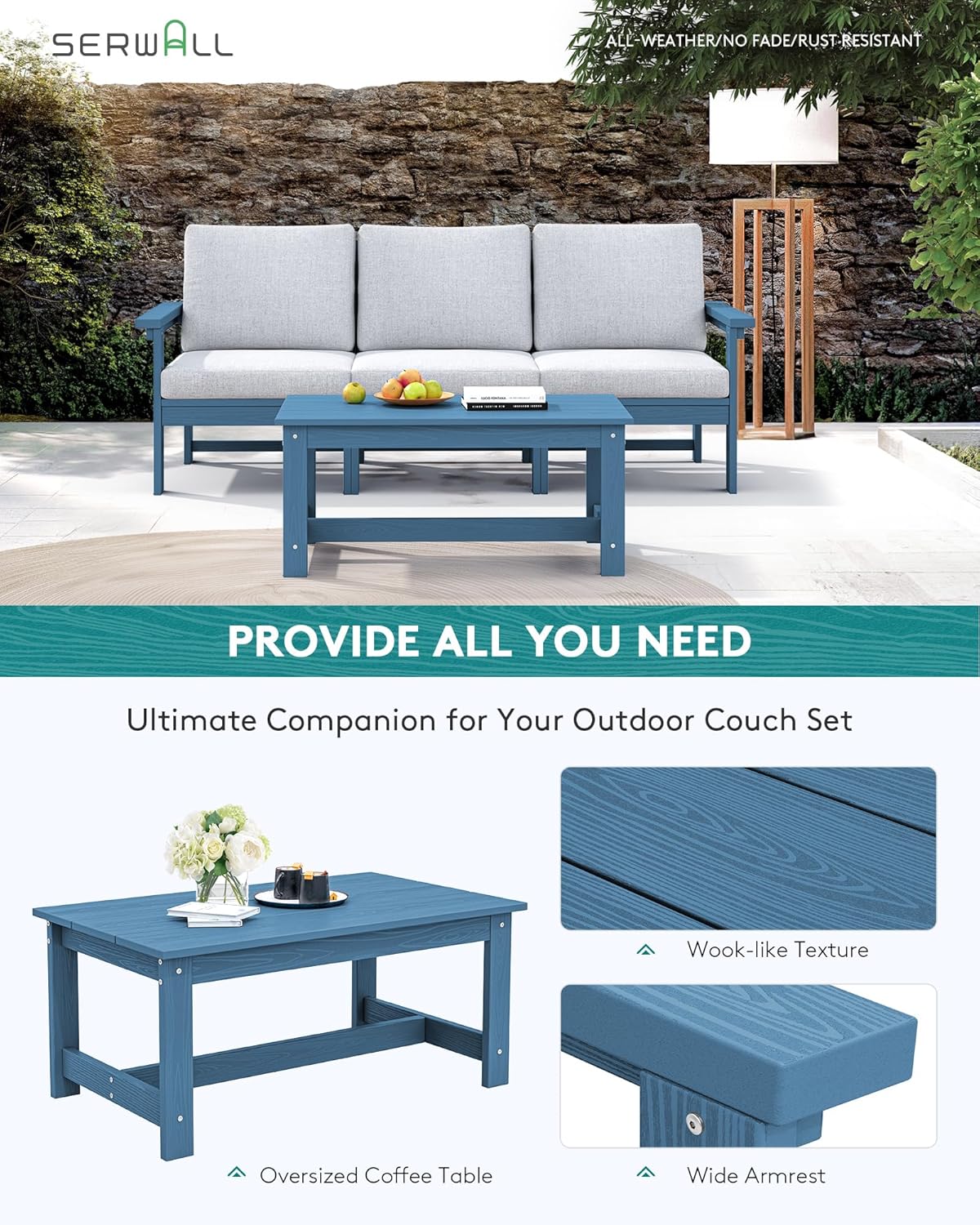 SERWALL HDPE Patio Sofa Set, 4-Piece Sectional Outdoor Furniture Set, All Weather Outdoor Couch Set Patio Furniture Set for Deck, Lawn, Blue Frame with Khaki Cushion
