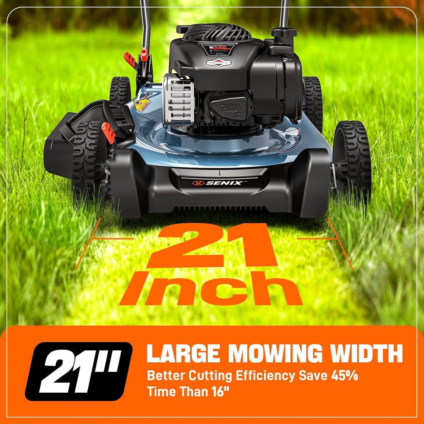 SENIX LSPG-M3 21-Inch Gas Push Lawn Mower with 125 cc 4-Cycle Briggs & Stratton Engine, 2-in-1,Mulching and Side Discharge, 6-Position Dual Lever Height Adjustment