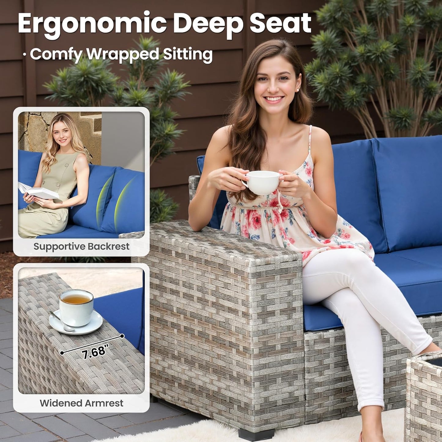 ovios 12 Pieces Patio Furniture Set, Outdoor Wicker Sectional Sofa with Glass Table Comfy Cushions, Modern Modular Deep Seat Couch Rattan Conversation Set, Navy Blue