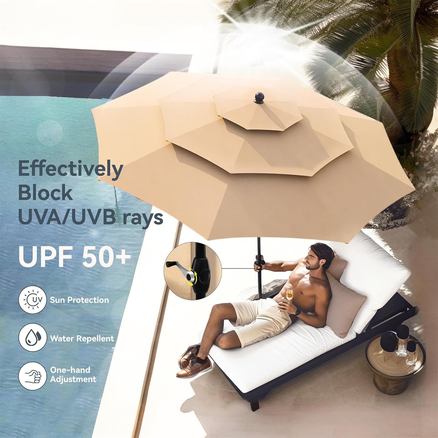 PHI VILLA Patio Dining Set with Umbrella for 4, Outdoor Table & Chairs Set with 4 Padded Swivel Patio Dining Chairs, 1 Square Metal Dining Table and 10ft Beige Large Patio Umbrella (No Umbrella Base)