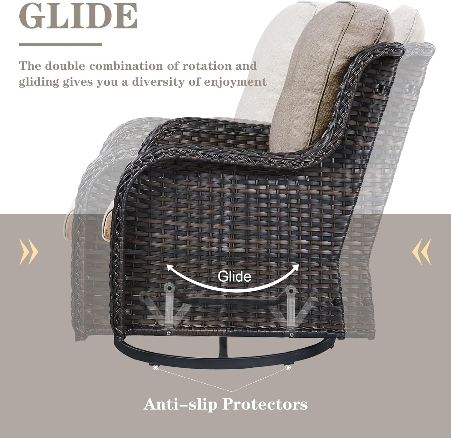 5 Pieces Patio Wicker Furniture Set - 4 Outdoor Swivel Rocker Glider Chairs with 50000BTU Propane Fire Pit Table, Warm Patio Conversation Set Grey Cushion Perfect for Casual Gathering