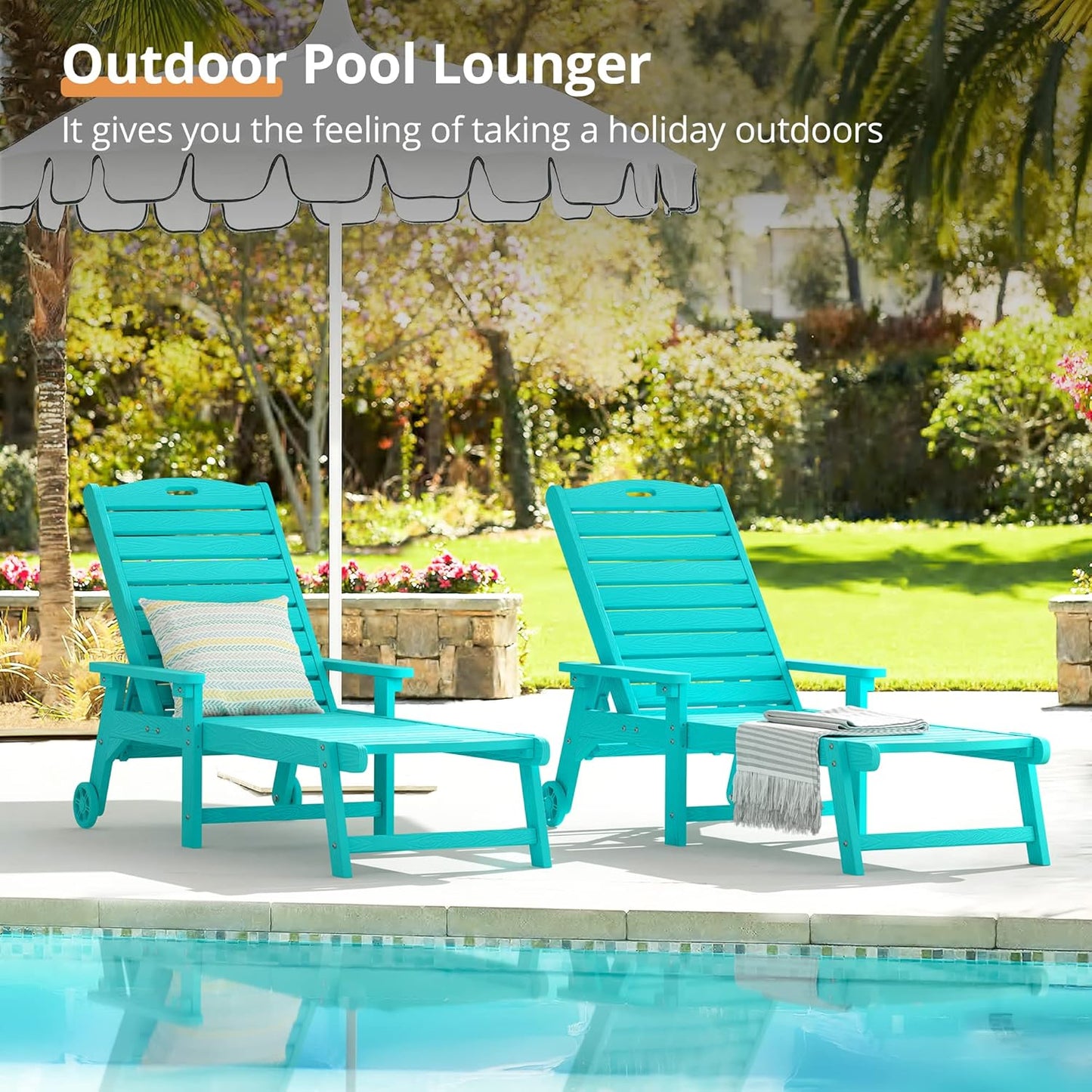 LUE BONA Outdoor Chaise Lounge Chairs Set of 2, HDPS Chaise Lounger, 5 Positions Adjustable Lounge Chairs, Pool Lounge Chair with Wheels for Poolside, 3 Year Warranty, Aruba Blue