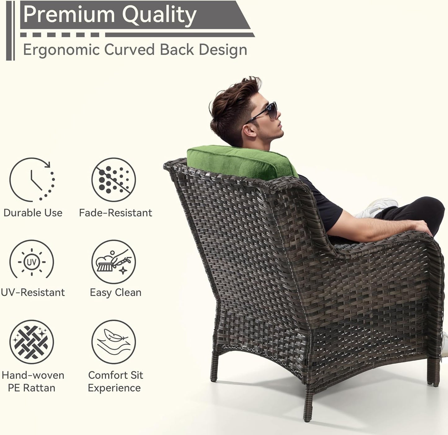 3 Pieces Outdoor Patio Chairs Set - Wicker Patio Conversation Sets with 1 Side Table, Olefin Fabric Cushions Suitable for Backyard Deck and Porch,Green