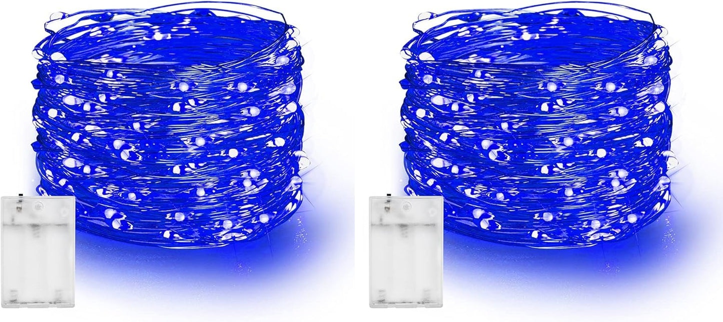 Dazzle Bright Fairy Lights Battery Operated, 2 Pack Total 40FT 120LED Silver Wire Waterproof Battery Operated String Lights, Christmas Decorations for Indoor Outdoor Bedroom Yard Decor, Blue