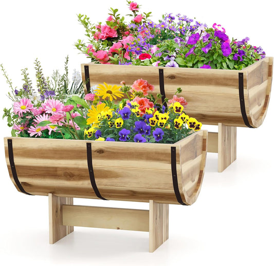 HAPPYGRILL Wooden Plant Pots, Solid Acacia Wood Half-Barrel Planting Flower Pot w/Legs, Drainage for Flower Vegetable Fruit, Outdoor Elevated Garden Bed, Decorative Planters for Indoor Plants (2)