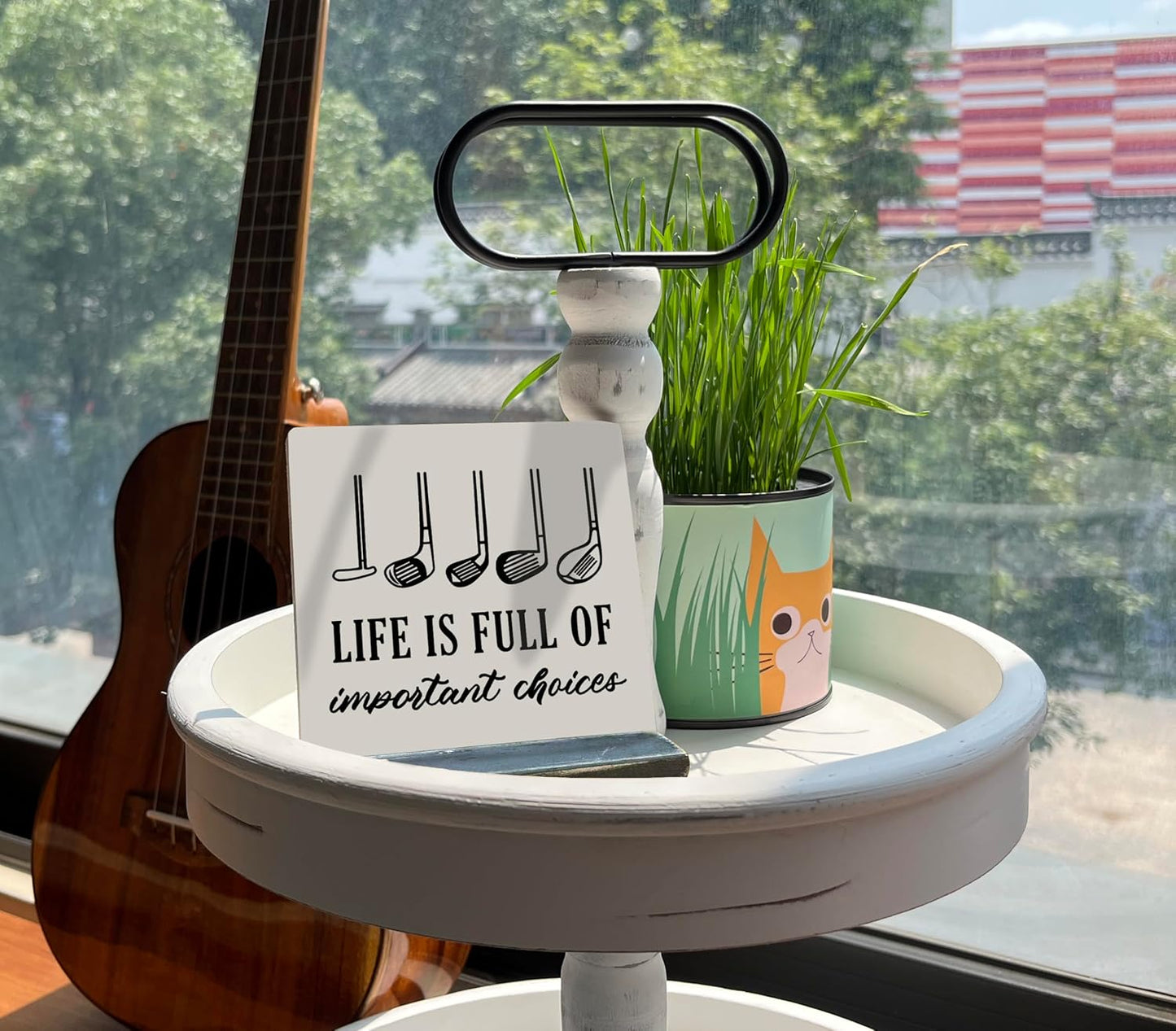 Primitive Wooden Sign, Life is Full of Important Choices, Desk Plaque with Wooden Stand 4 x 4.3 inches, Golf Decor, Rustic Home Decor, Golf Life Sign, Office Table Decor, Gift for Friends A