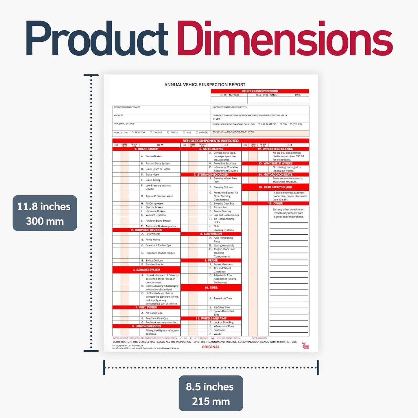 10 Pack 3-Ply Carbonless Annual Vehicle Inspection Report Forms with FMCSA Red Aluminum Adhesive Labels, DOT Inspection Forms and Stickers, Shrink-Wrapped, 8.5" x 11.75" - Made in USA