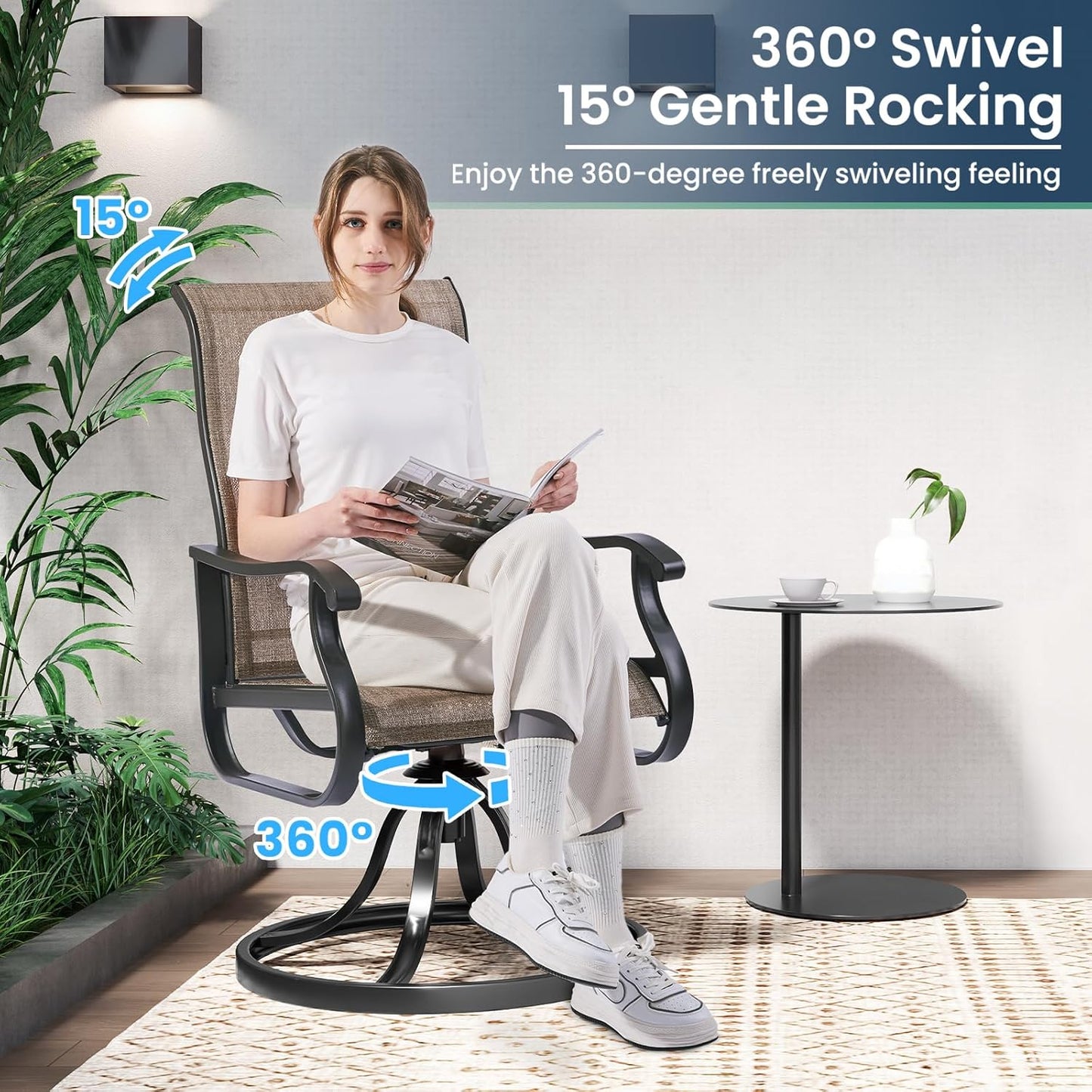 Amopatio Patio Swivel Chairs Set of 4, Outdoor Swivel Rocker Dining Chairs with All Weather Textilene High Back & Metal Frame, for Backyard Deck Lawn, Brown