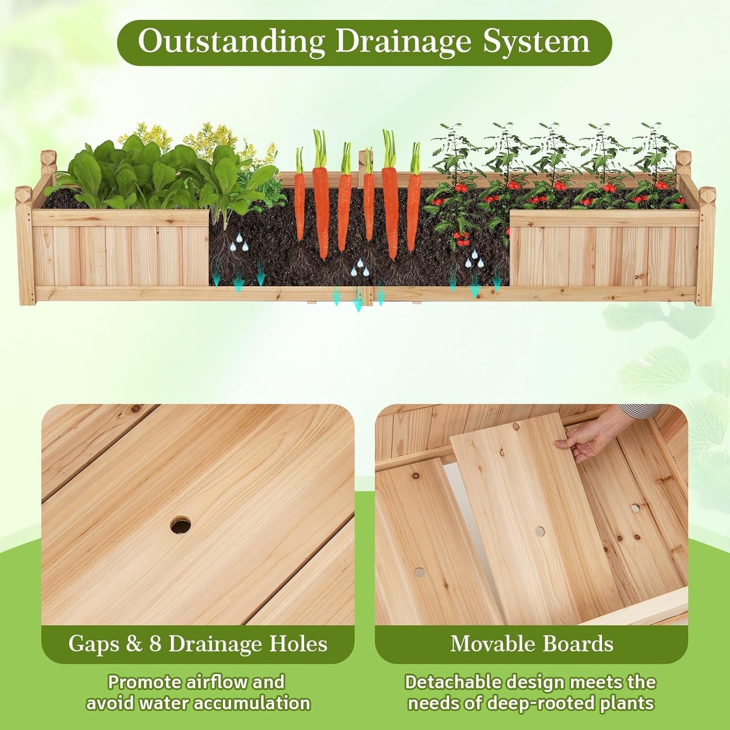 HAPPYGRILL Raised Garden Bed, Wooden Elevated Garden Box w/8 Drain Holes, Detachable Bottom Panels, Liner for Flowers Vegetables Herbs Fruits, Outdoor Planter Box for Backyard Lawn, 89" x 23.5" x 16"