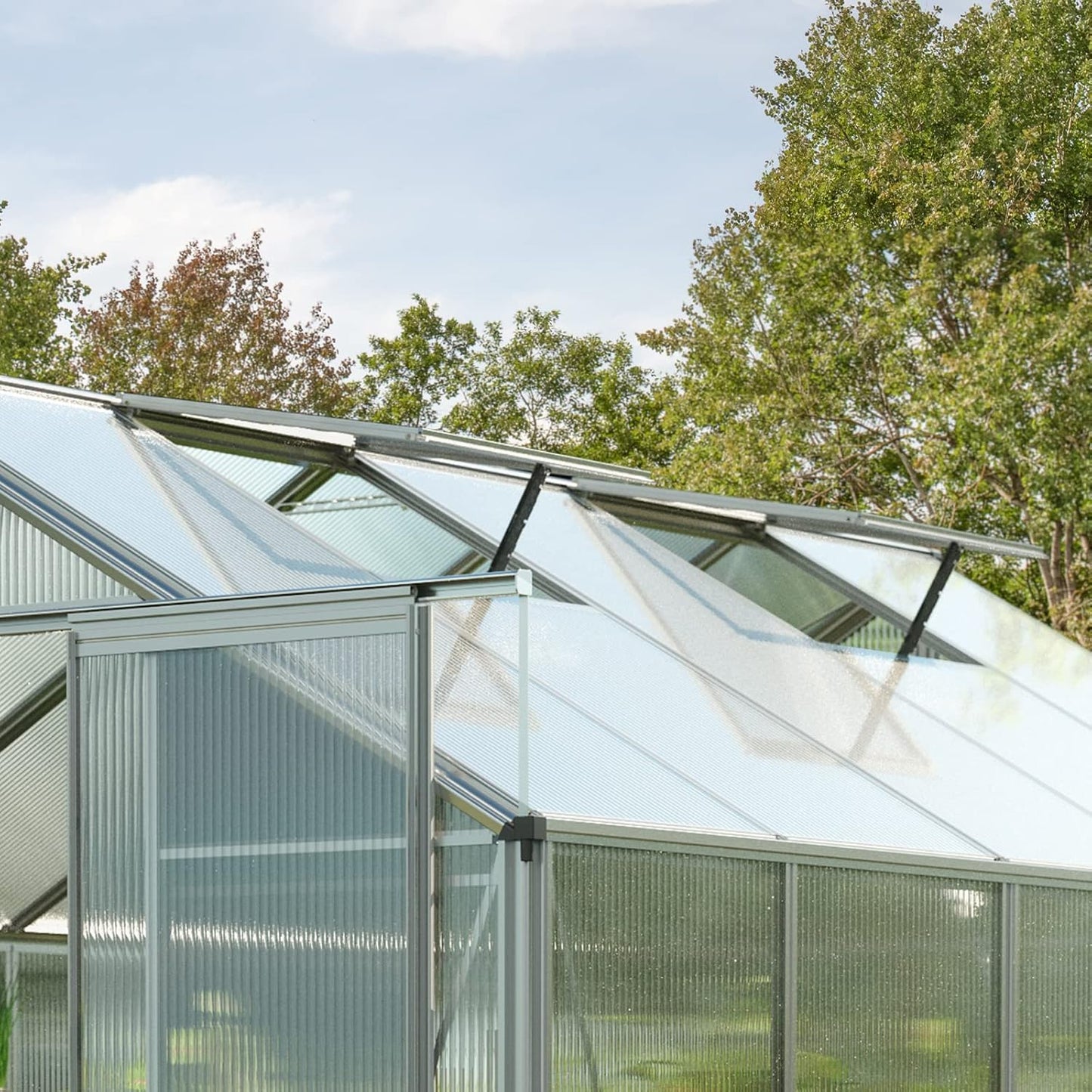 Greenhouse Topas 5 Aluminum Frame 7.4 x 10.6 ft Approx. 6 mm Polycarbonate Panels - with Bonus Base Frame and Automatic Vent Opener