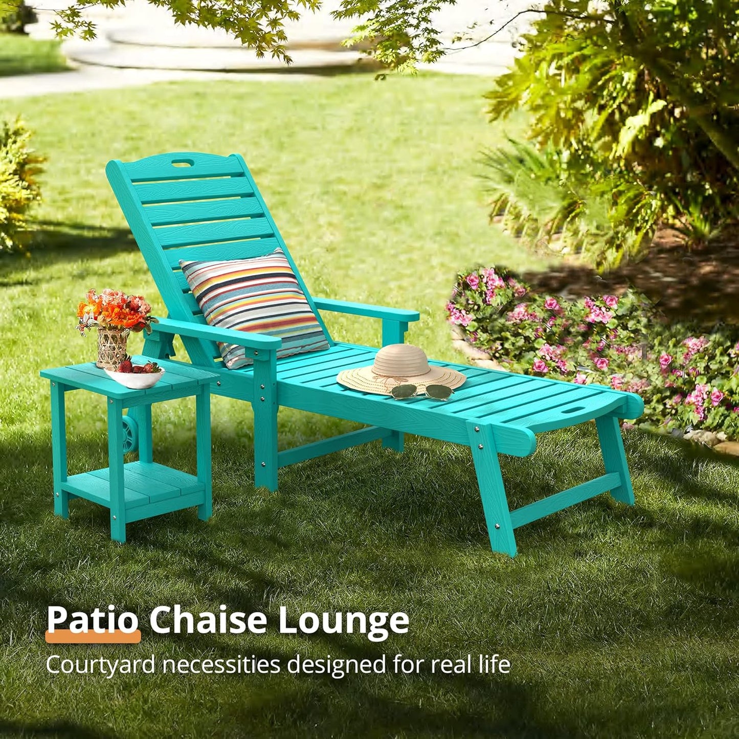 LUE BONA Chaise Lounge Chair with Table, 2-Piece, 79'' Oversized HDPS Chaise Lounger, 5 Positions Adjustable Lounge Chairs, Pool Lounge Chair with Wheels for Poolside, 3 Year Warranty, Aruba Blue