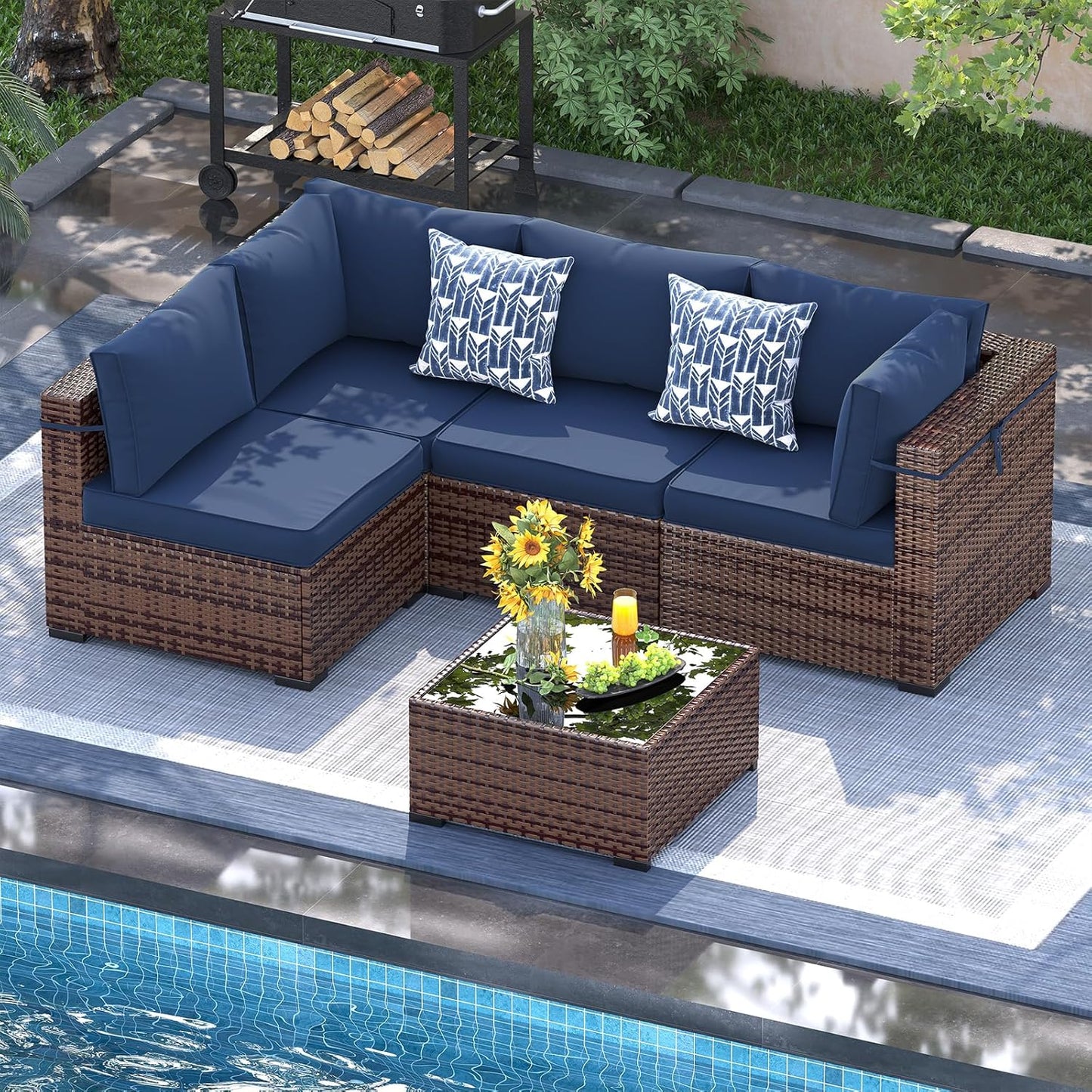UDPATIO Patio Furniture Set, 5 Piece Outdoor Sectional Modular Sofa with 4'' Thickened Cushions, Wicker Outdoor Furniture Conversation Sets with Waterproof Cover for Deck Backyard(Brown/Navy Blue)